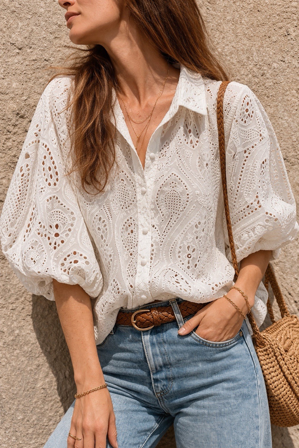 NWT Liv Los Angeles 100% Cotton Embroidered Shirt with Ballon Sleeves Size XL