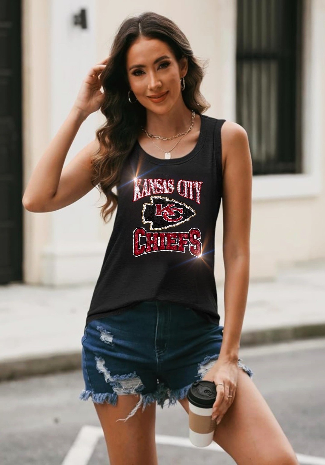 New Kansas City Chiefs Bling Tank Top, Sz S-3X, Crystal Rhinestone, Relaxed Tank