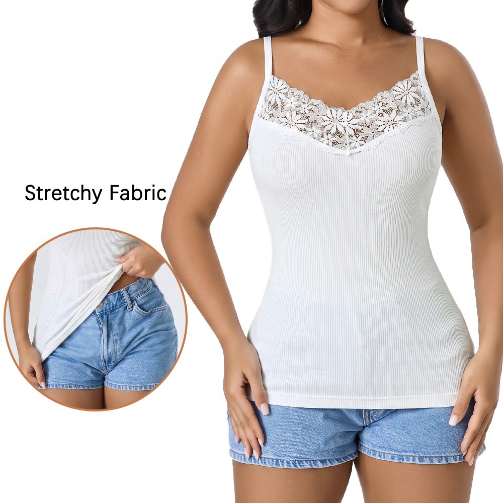 3Pack Ladies Ribbed Shapewear Cami Floral Lace V‑Neck Slim Fit Tank Top