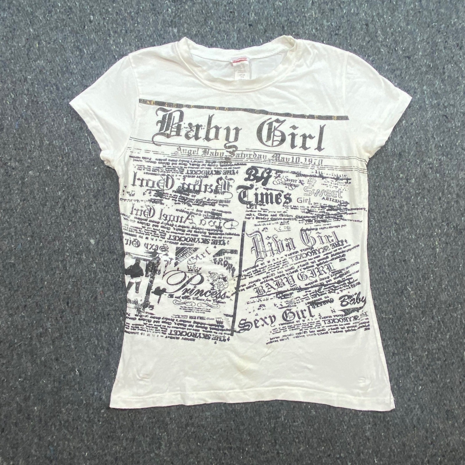 Bling Bling Newspaper Print Baby Tee L Women White Y2K Graphic T101S