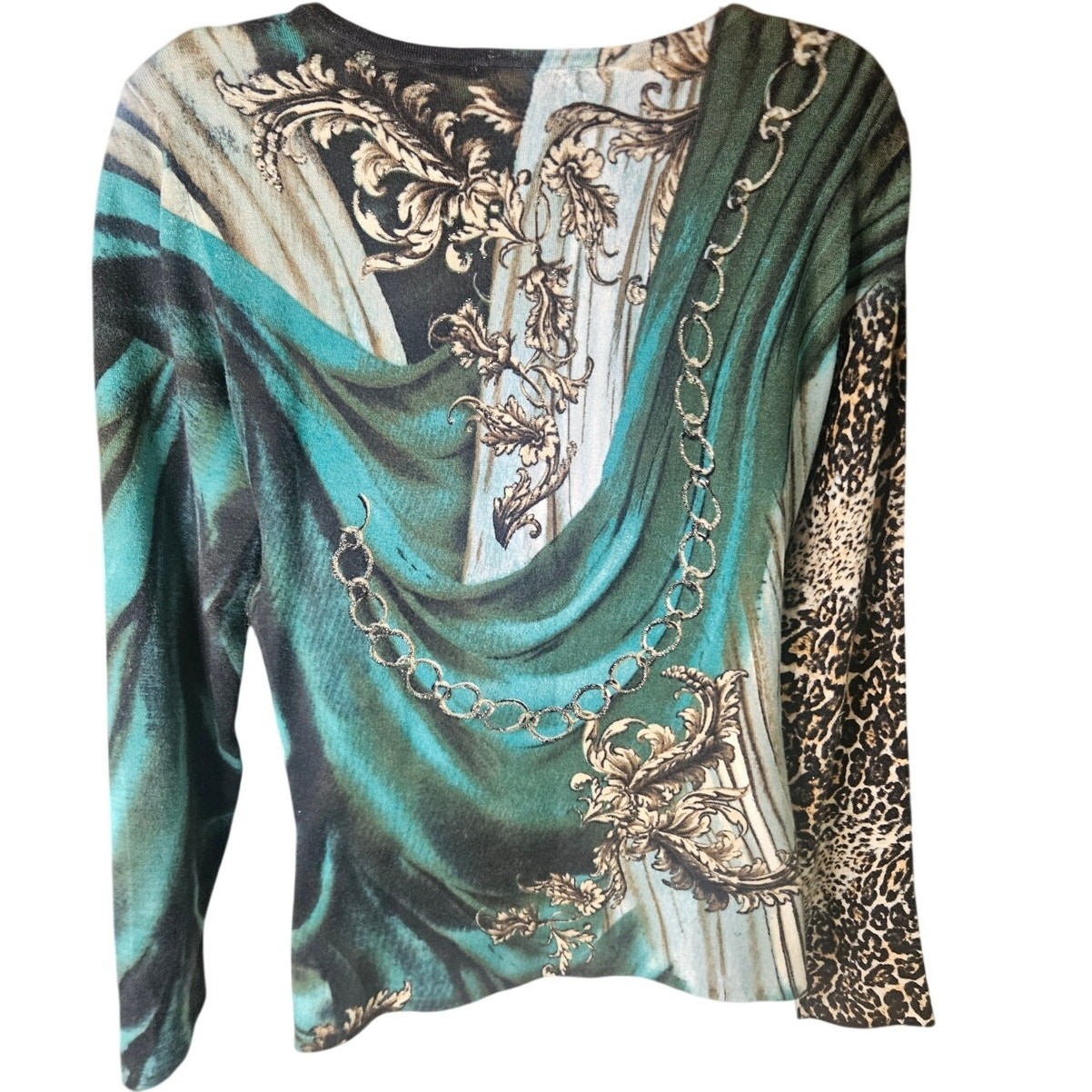 Alberto Makali Animal Print Shirt Sz L Grn Blk Gold Beaded Cotton Blend VTG