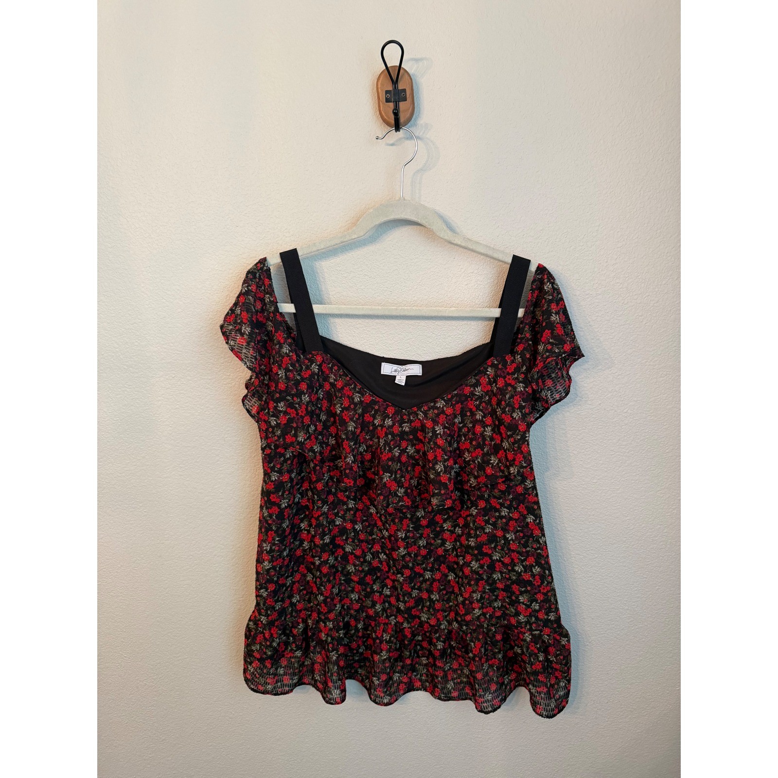 Libby Edelman Cold Shoulder Top Womens Large Black Red Floral Excellent Ruffle