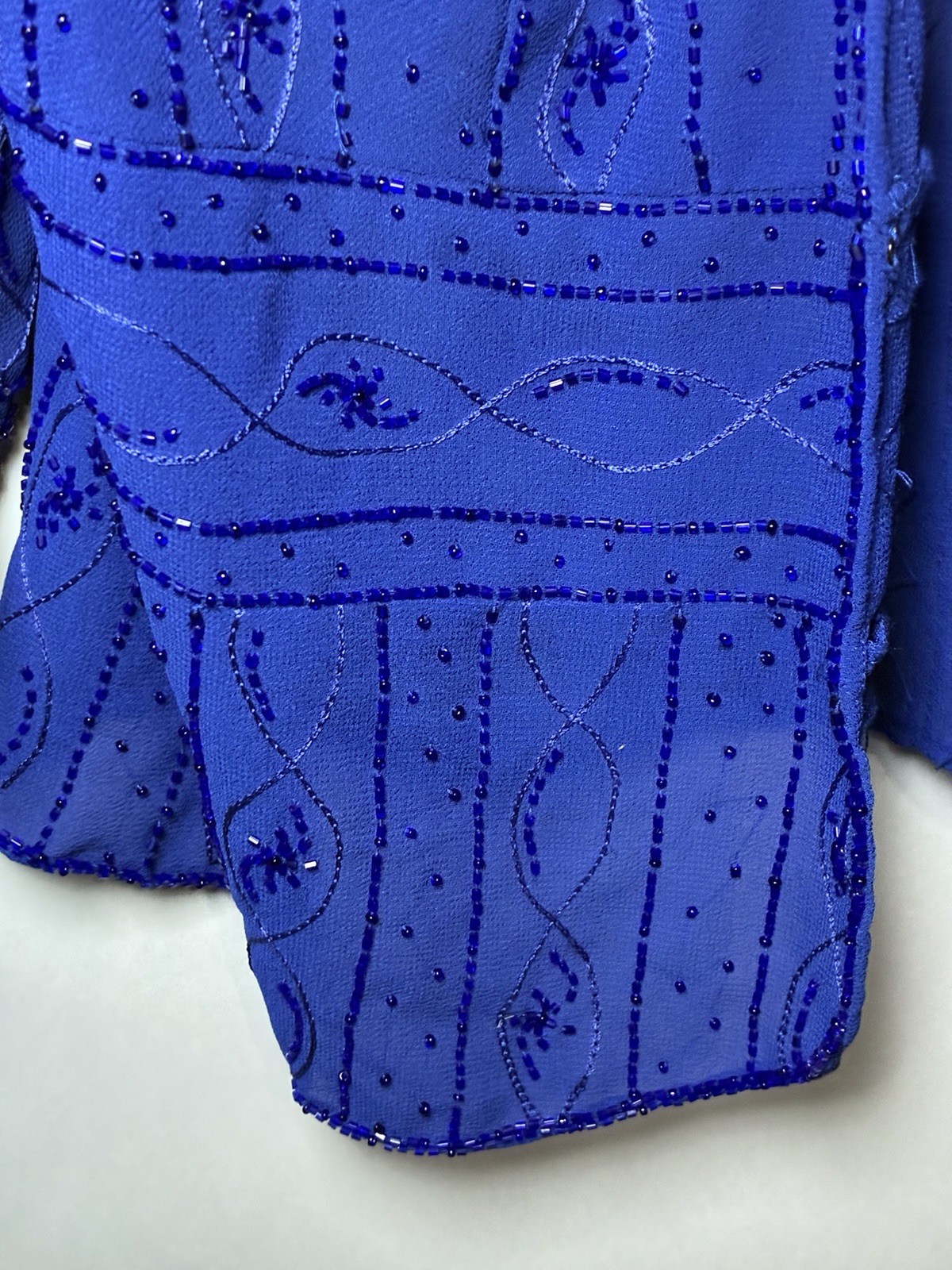 Blue Sheer Beaded Sequin Embroidered V-Neck Open Front 3/4 Sleeve Shrug