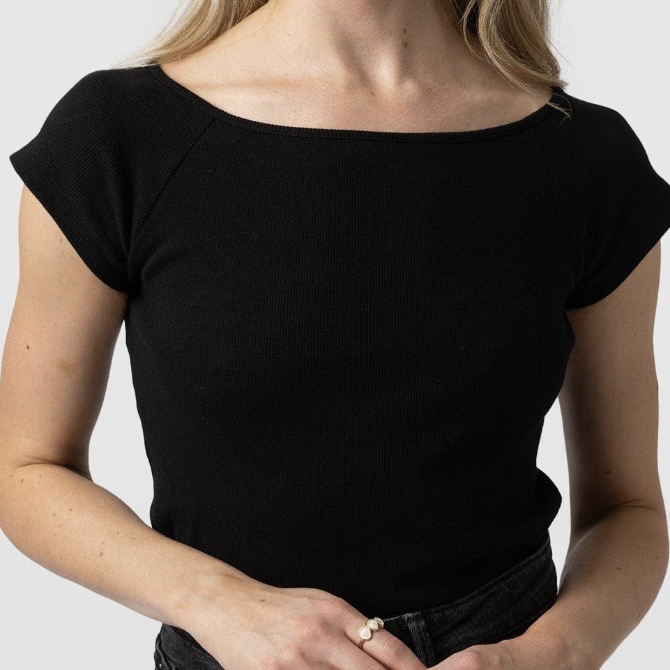 Saint & Sofia Womens Top Size Large Black Rivera Tee Ribbed Organic Cotton