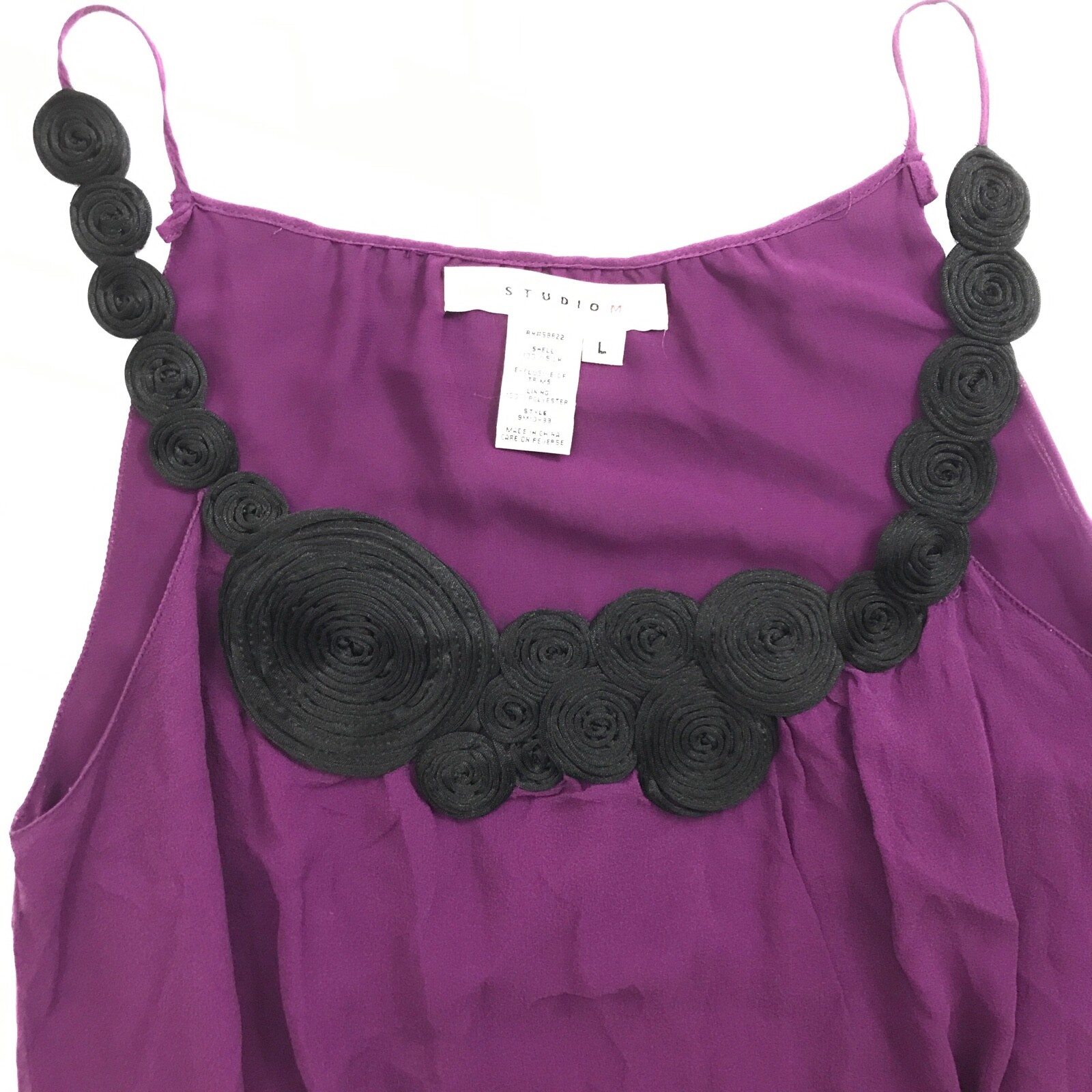 100% Silk Chiffon Swirl Cami EUC L Y2K Spaghetti Strap Applique Banded Hem