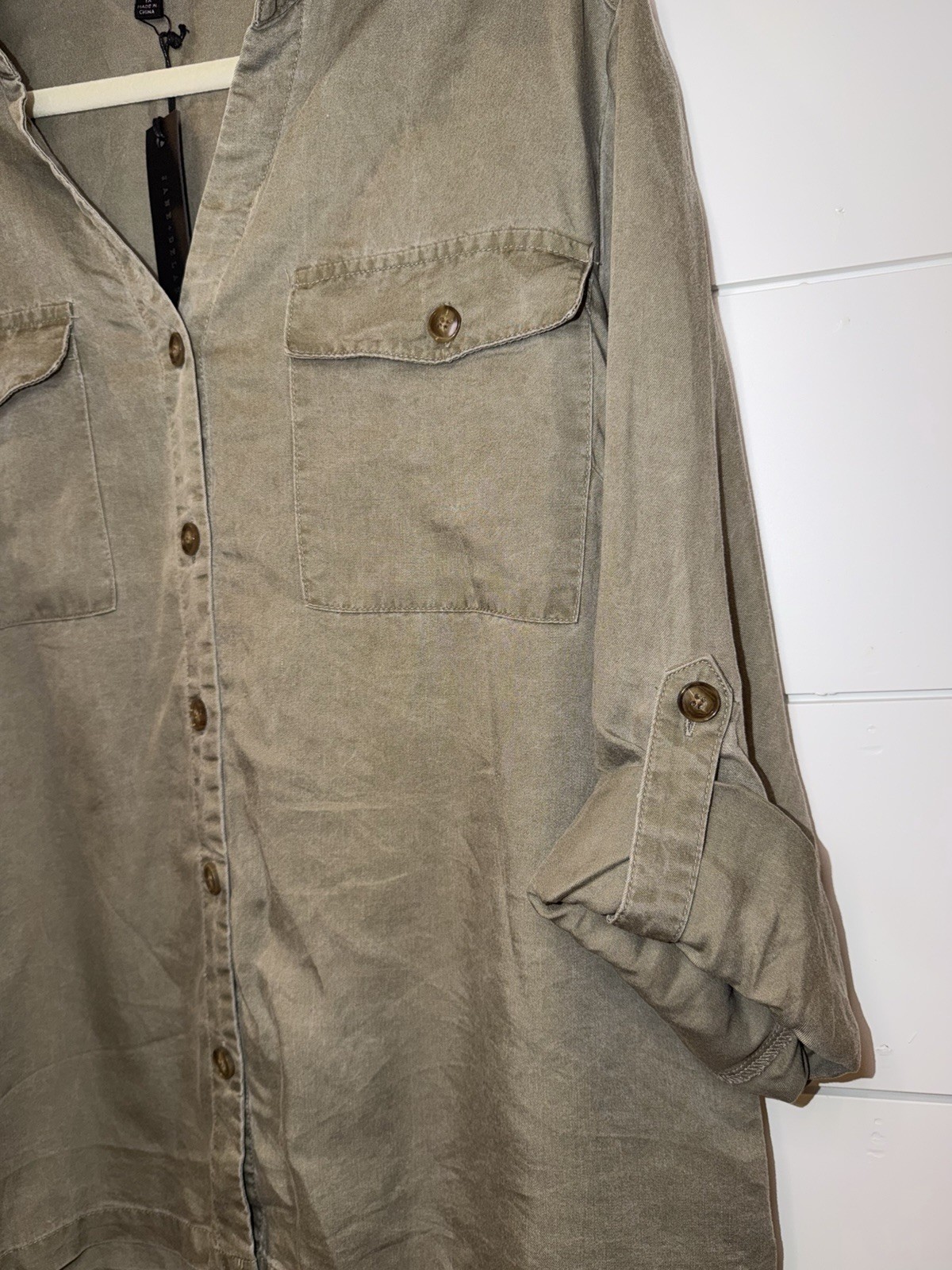 Jane Delancey NWT 1X Plus Garment Dye Utility Shirt Sage Green Roll Tab Blouse