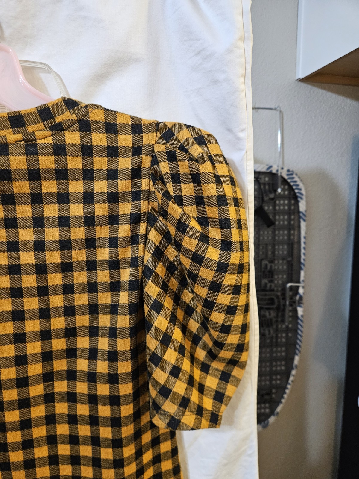 Haute Monde Yellow/Black Check Puff Sleeve Stretch Pullover Blouse Women S