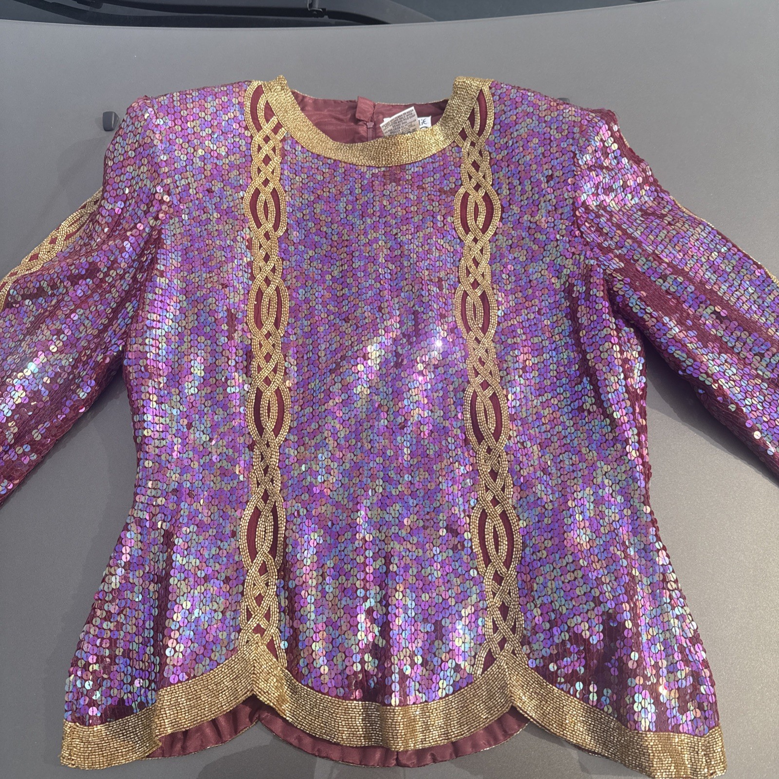 Joan Leslie Purple Gold Sequins Beaded Formal Long-Sleeve 100% Silk Top Size XL