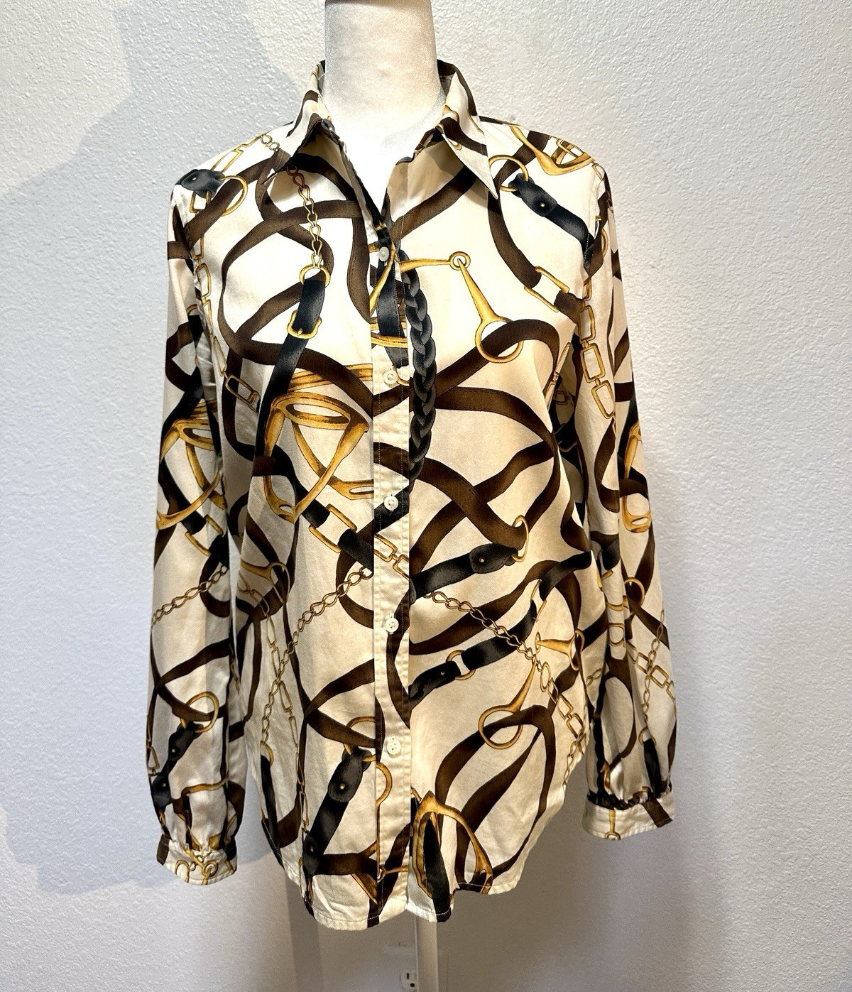 Lauren Ralph Lauren Womens S Ivory Chain Print Long Sleeve Blouse