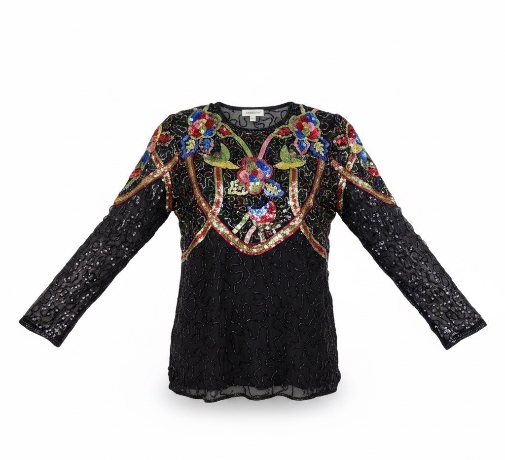 Swee Lo Womens Black Silk Beaded & Sequin Shirt Floral Design Size L