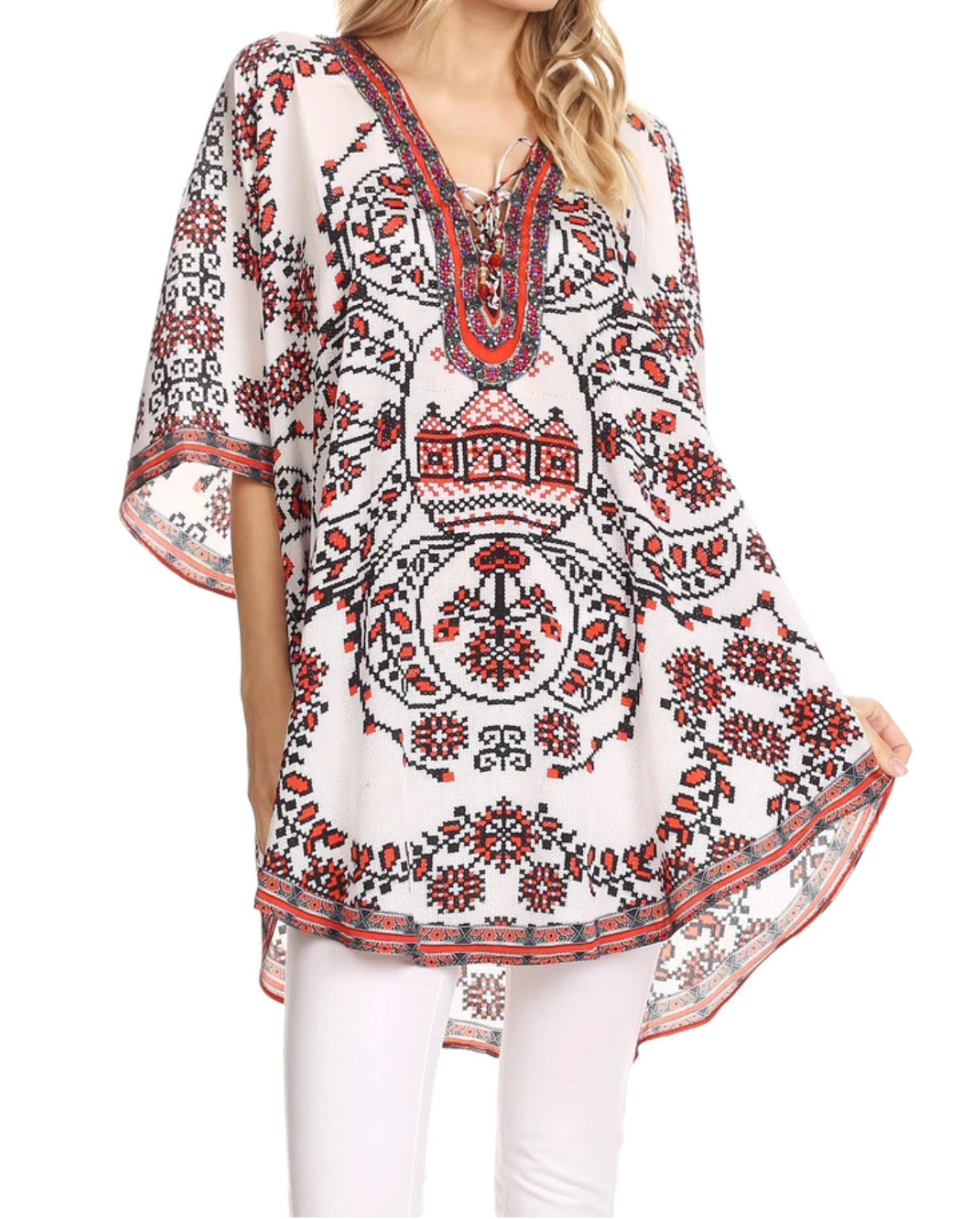 SAKKAS Tallulah Circle Blouse Poncho Lightweight Red White Rhinestone Tunic EUC