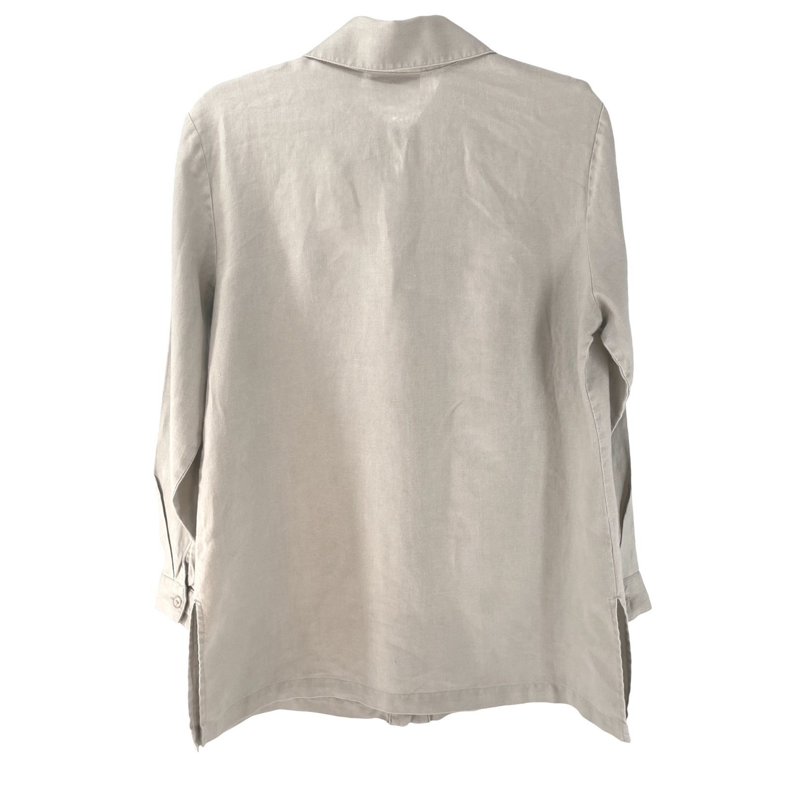 Lucy Pereda Button-Up Shirt Women’s L 100% linen Sand Color Coastal Summer Chic
