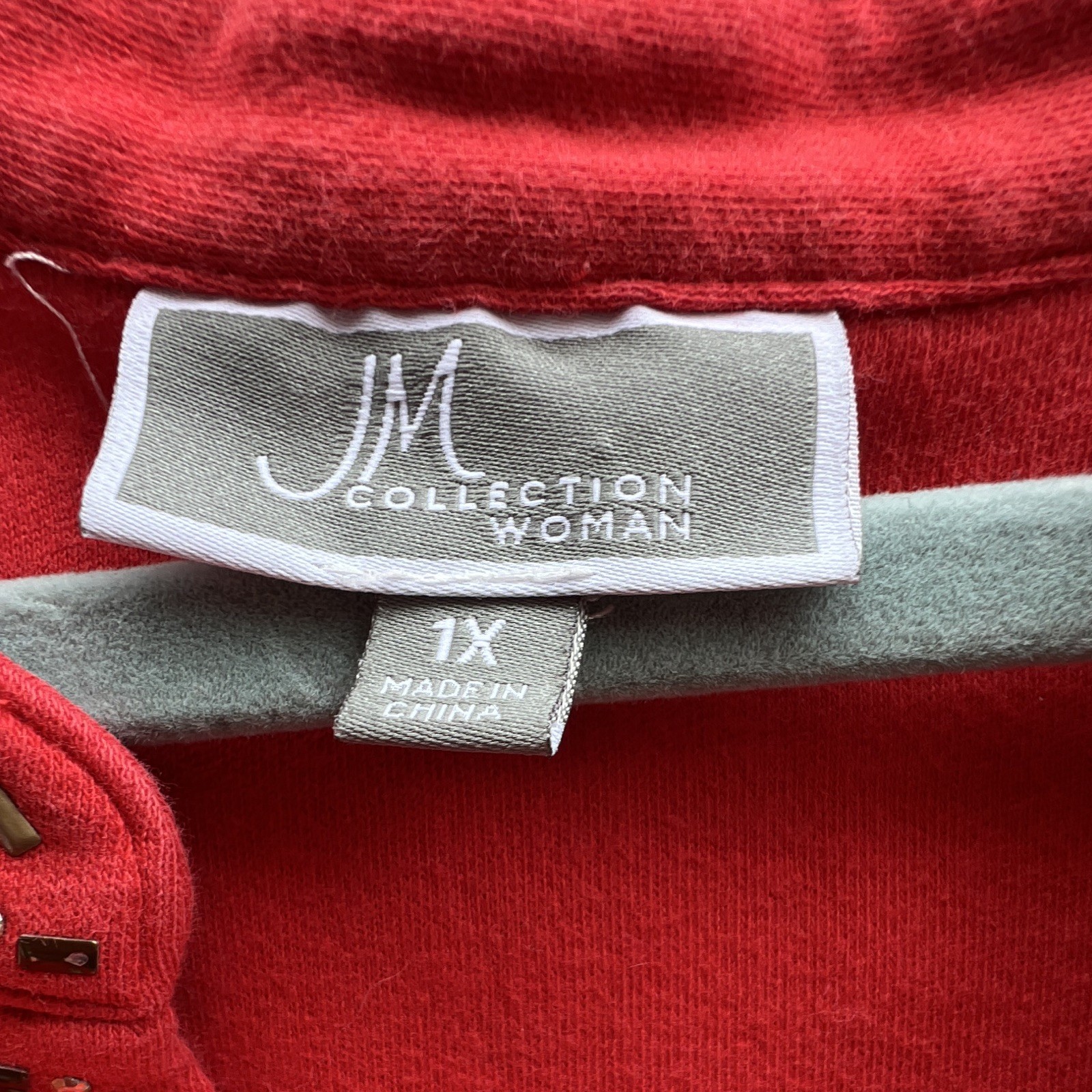 JM Collection Red Solid Studded V-Neck 3/4 Sleeve Pullover Top Size 1X