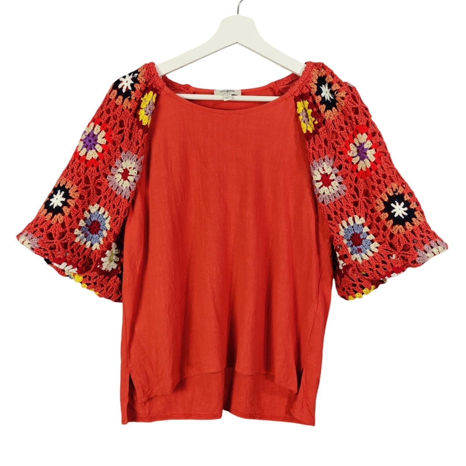 Umgee Women Crochet Granny Square 70s Hippie Retro Linen Cotton Top S Orange