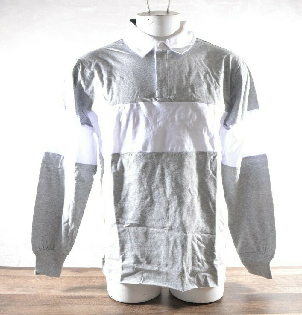 Wild Fable Long Sleeve Oversized Rugby Polo T-Shirt Gray White Wide Stripe Retro