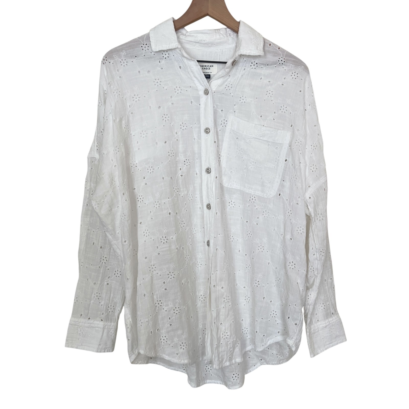 NWT American Eagle White Go Big Oversized Eyelet Embroidered Shirt Size XXS