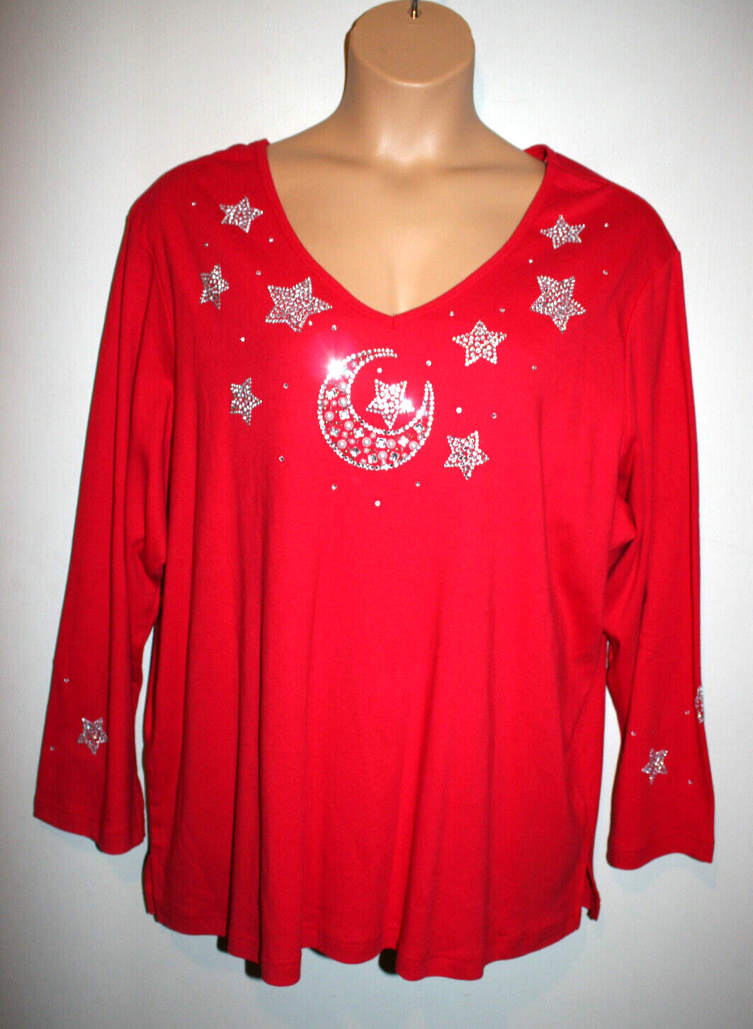 NEW VTG Womens Quacker Factory Moon Stars Celestial Rhinestone Top Red 3X NWT