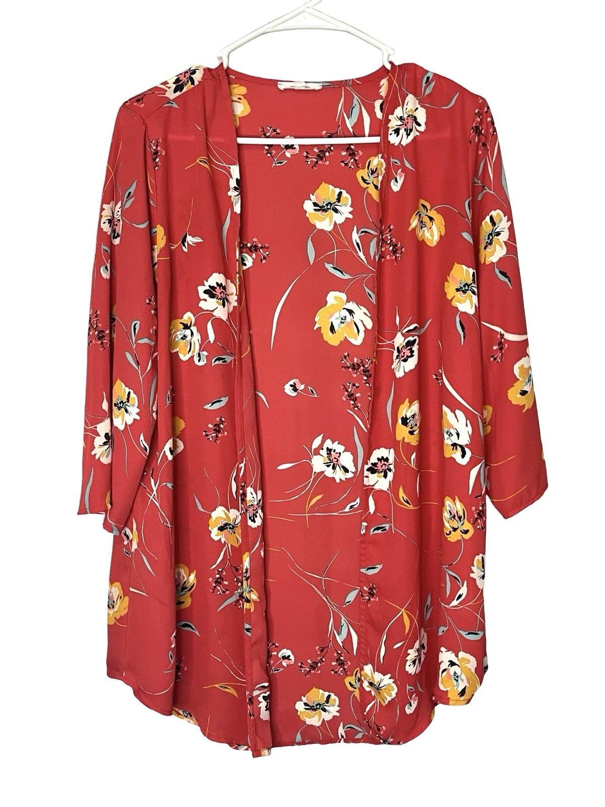 Red Orange Sz Med Floral Kimono Cardigan Duster Boho Cottagecore 3/4 Sleeve