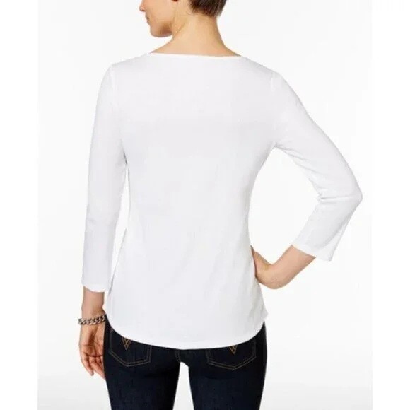 Charter Club Womens M Bright White Button Detailing Boat Neck Top NWT AI27