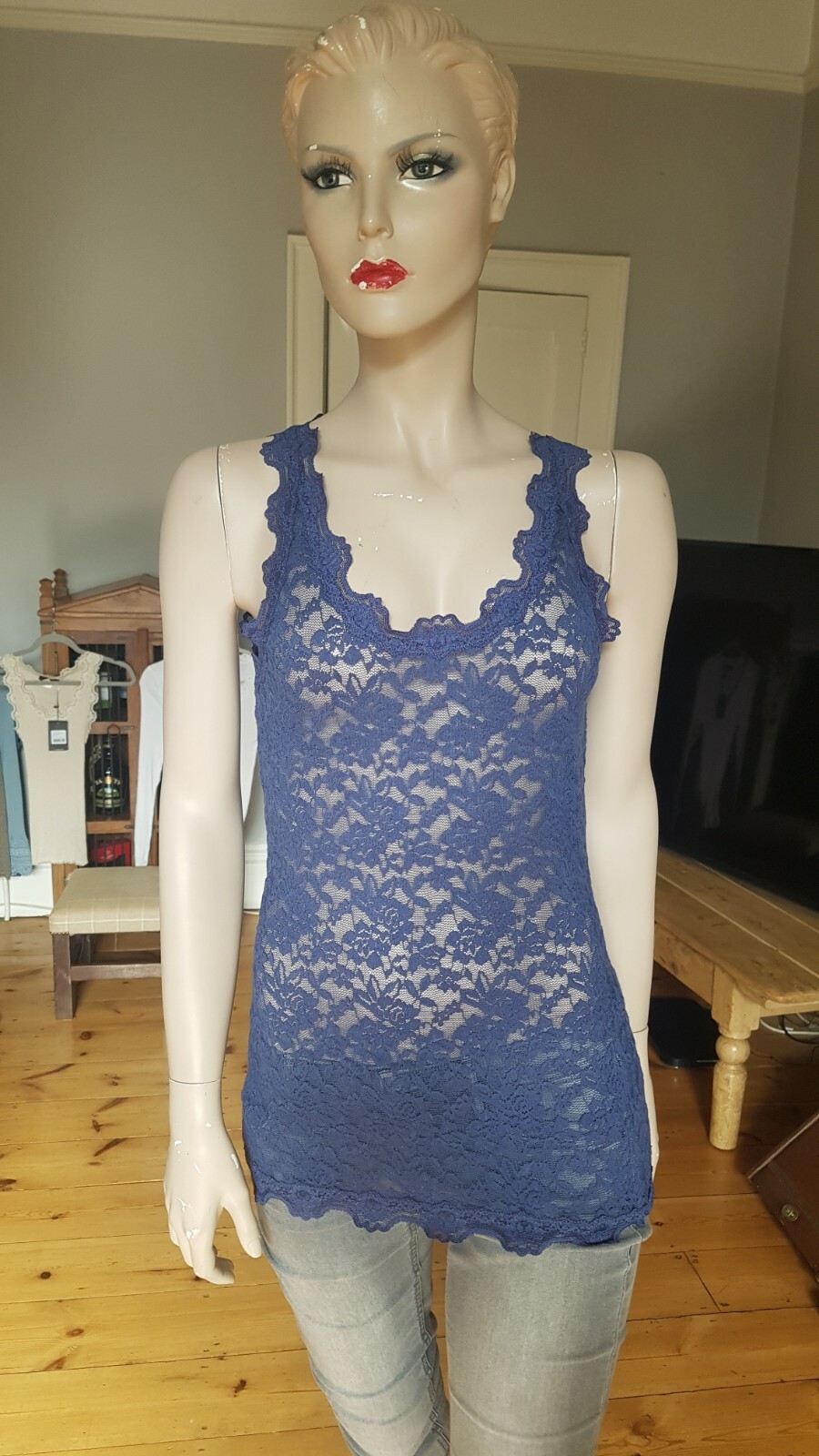 Rosemunde lace vest in True Blue. Size M/12. RRP £59. Cotton/Poly/Spandex mix.
