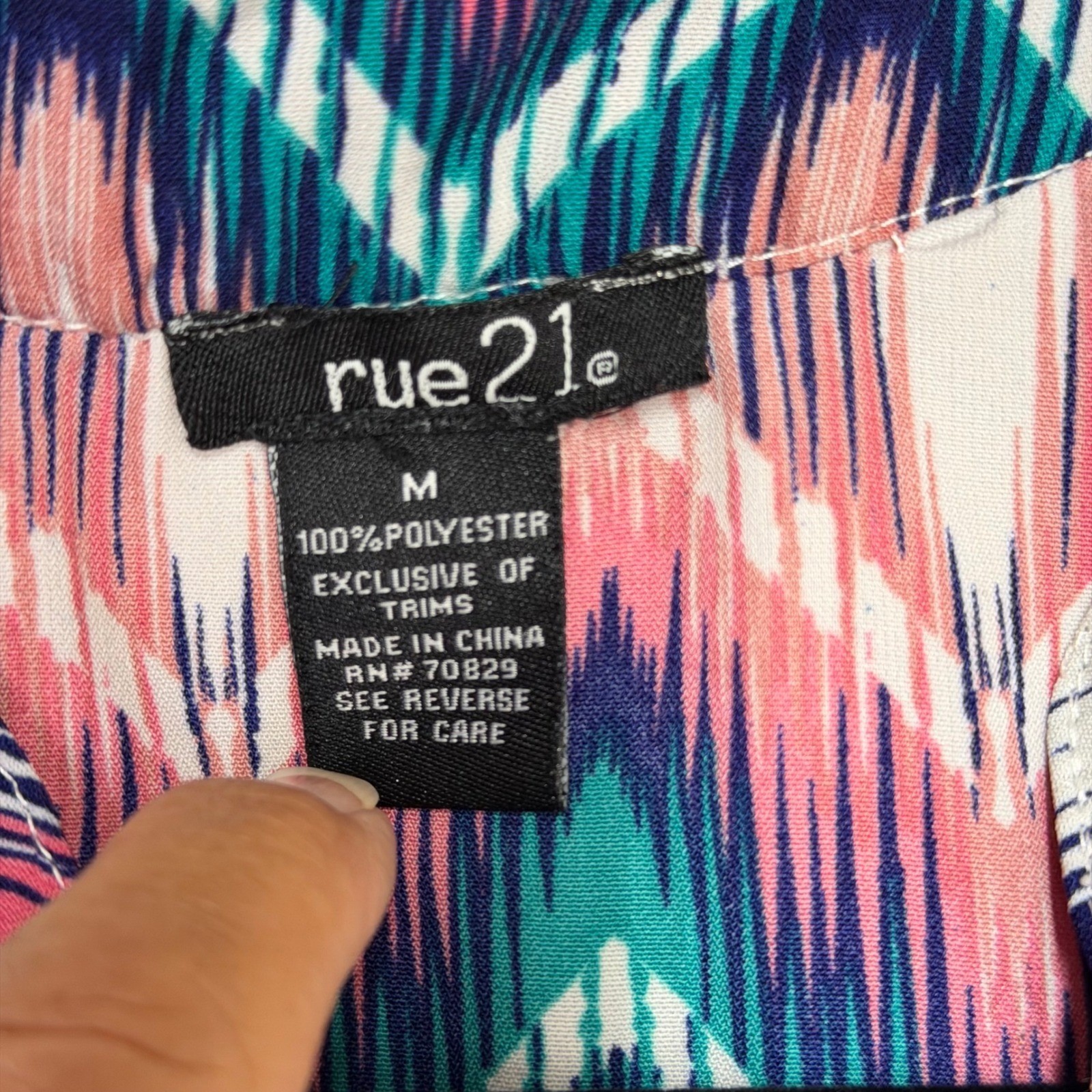 Rue21 Womens Ikat Chevron Print Tunic Blouse Pink Teal 3/4 Roll Tab Sleeve L
