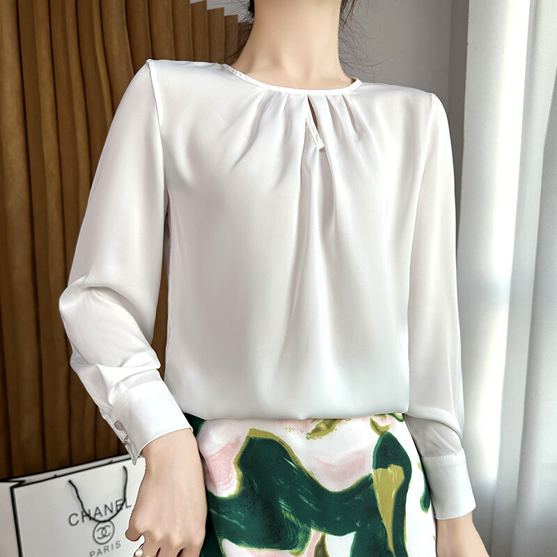 Mulberry Silk Tops Long Sleeve Shirt Round Neck Formal Breathable Womens Blouse
