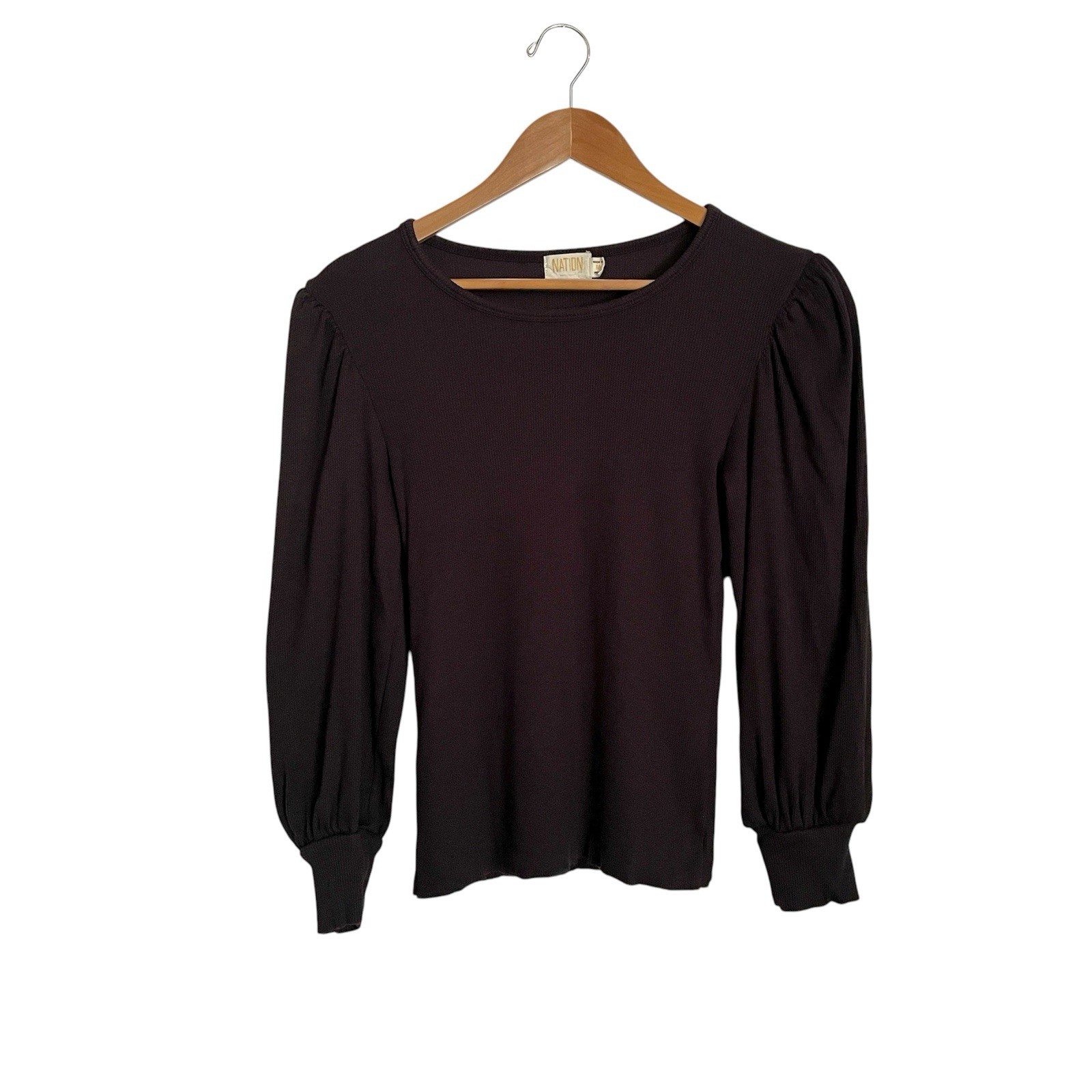 Nation LTD Ribbed Scoop Neck Puff Sleeve Top Organic Pima Cotton Peru Black M
