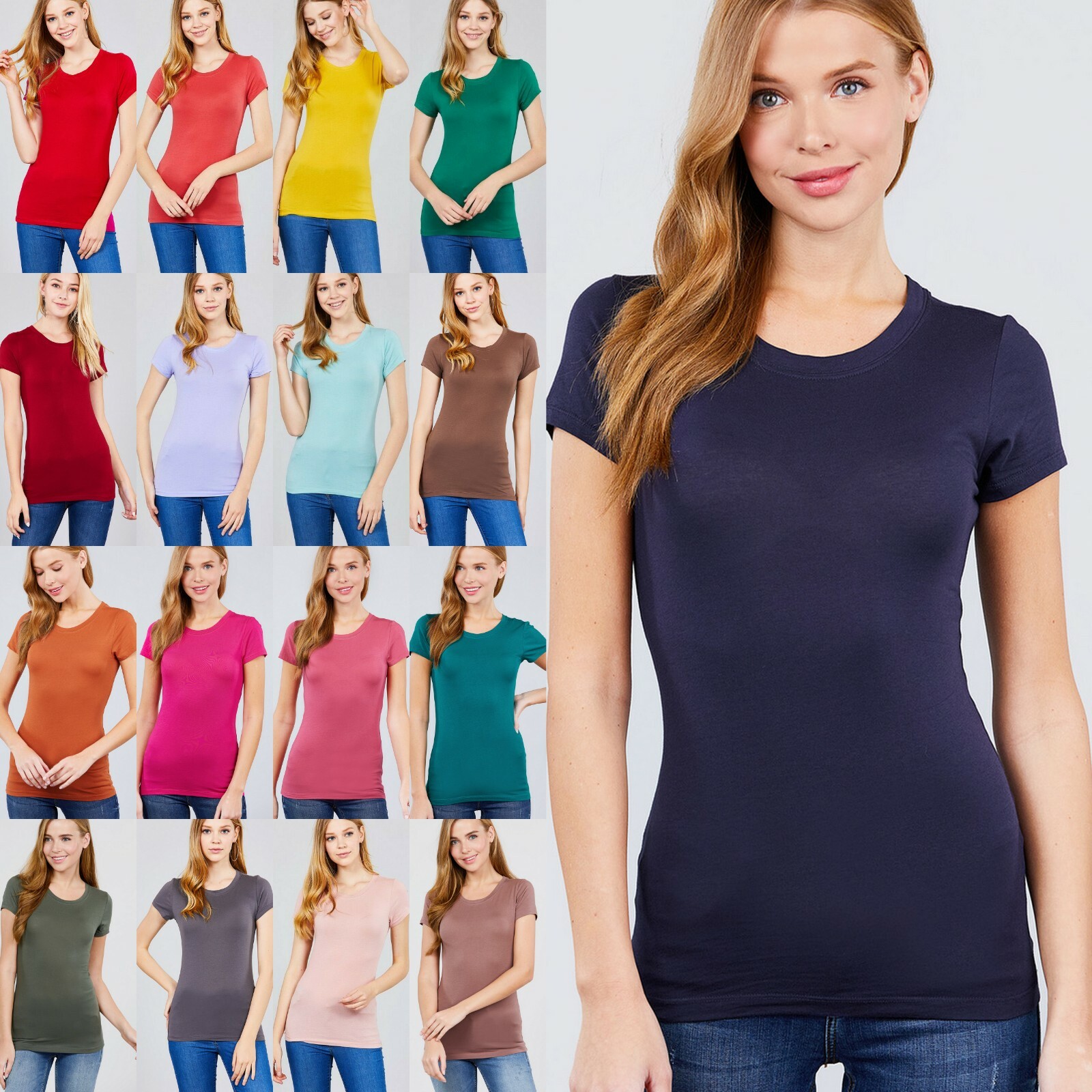 Junior Petite Women CREW NECK Short Sleeve Basic Cotton T-Shirt Thin Stretch Top