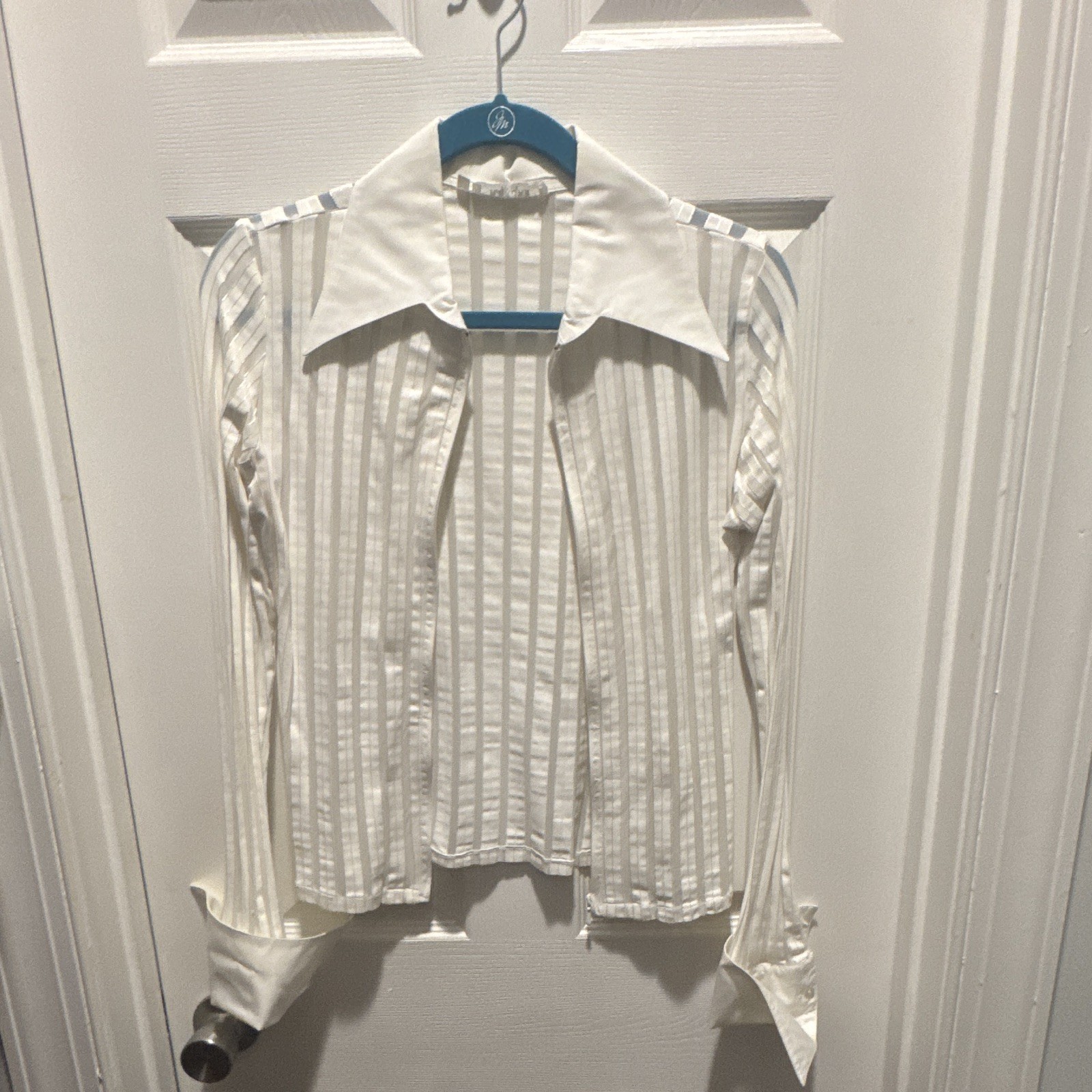 Raybre Women’s White Striped Collared Zip Front Long Sleeve Blouse 44