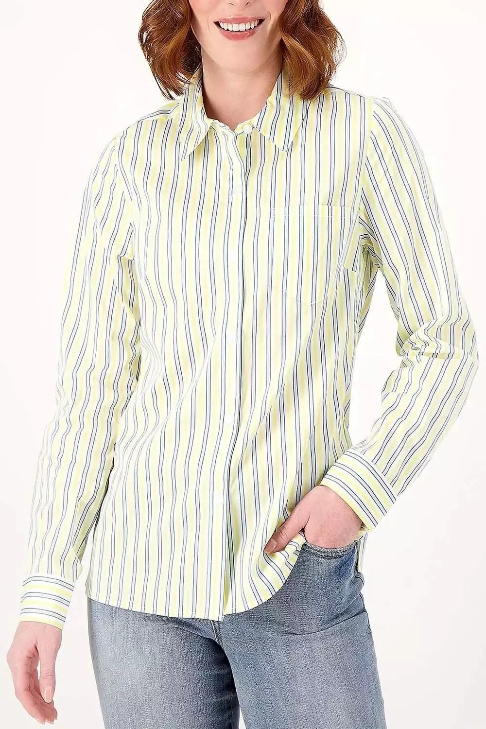 Denim and Co Shirt Size XXS Printed Button Front Yellow Blue White Stripe NEW
