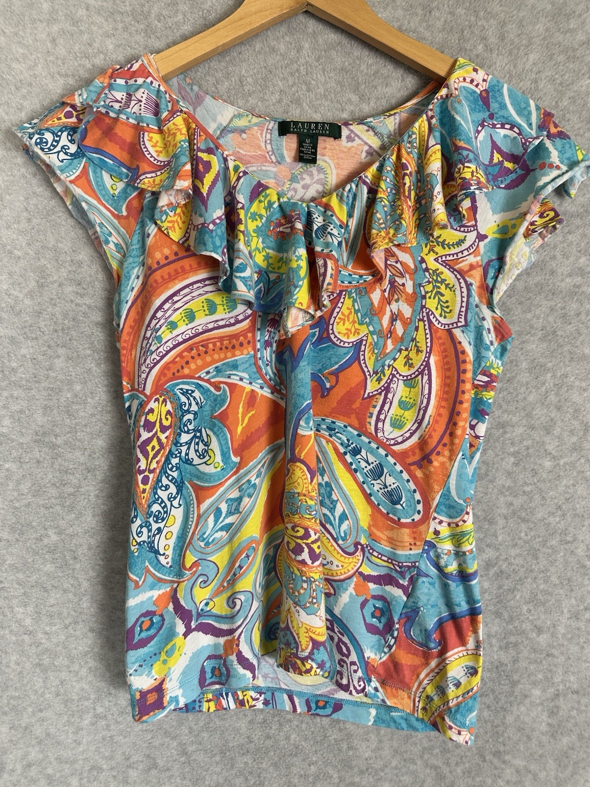 Lauren Ralph Lauren Paisley Ruffle VNeck Top Womens Medium Colorful Preppy Artsy
