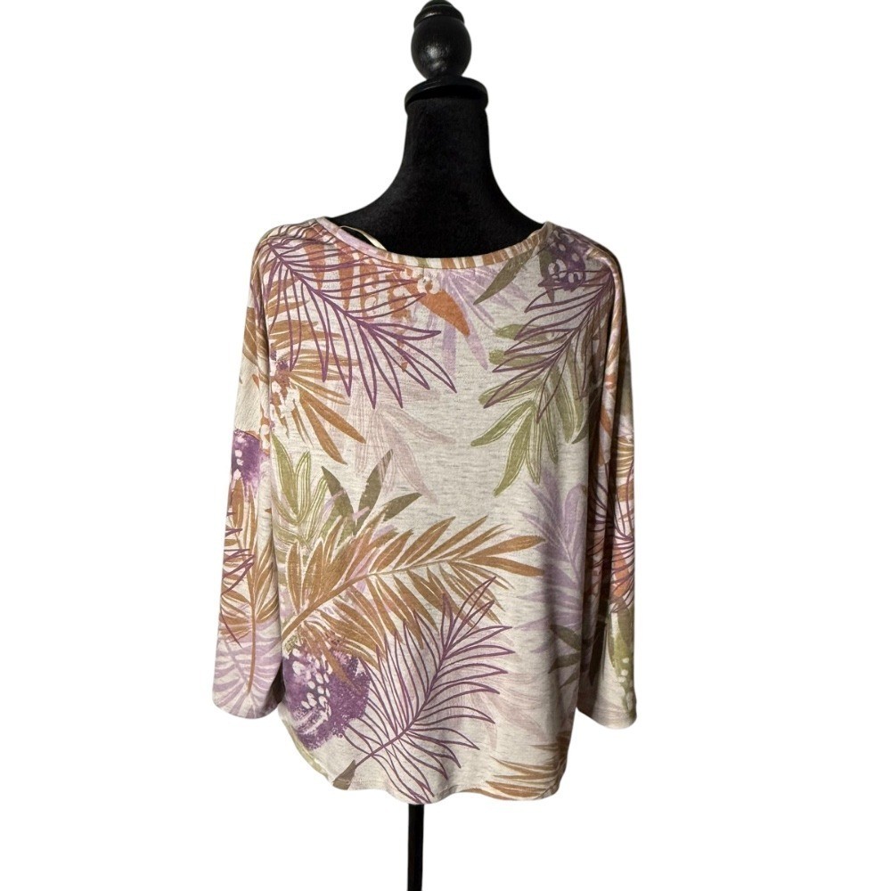 Democracy Twist Front Top Size L Tropical Palm Leaf Knit Blouse Colorful
