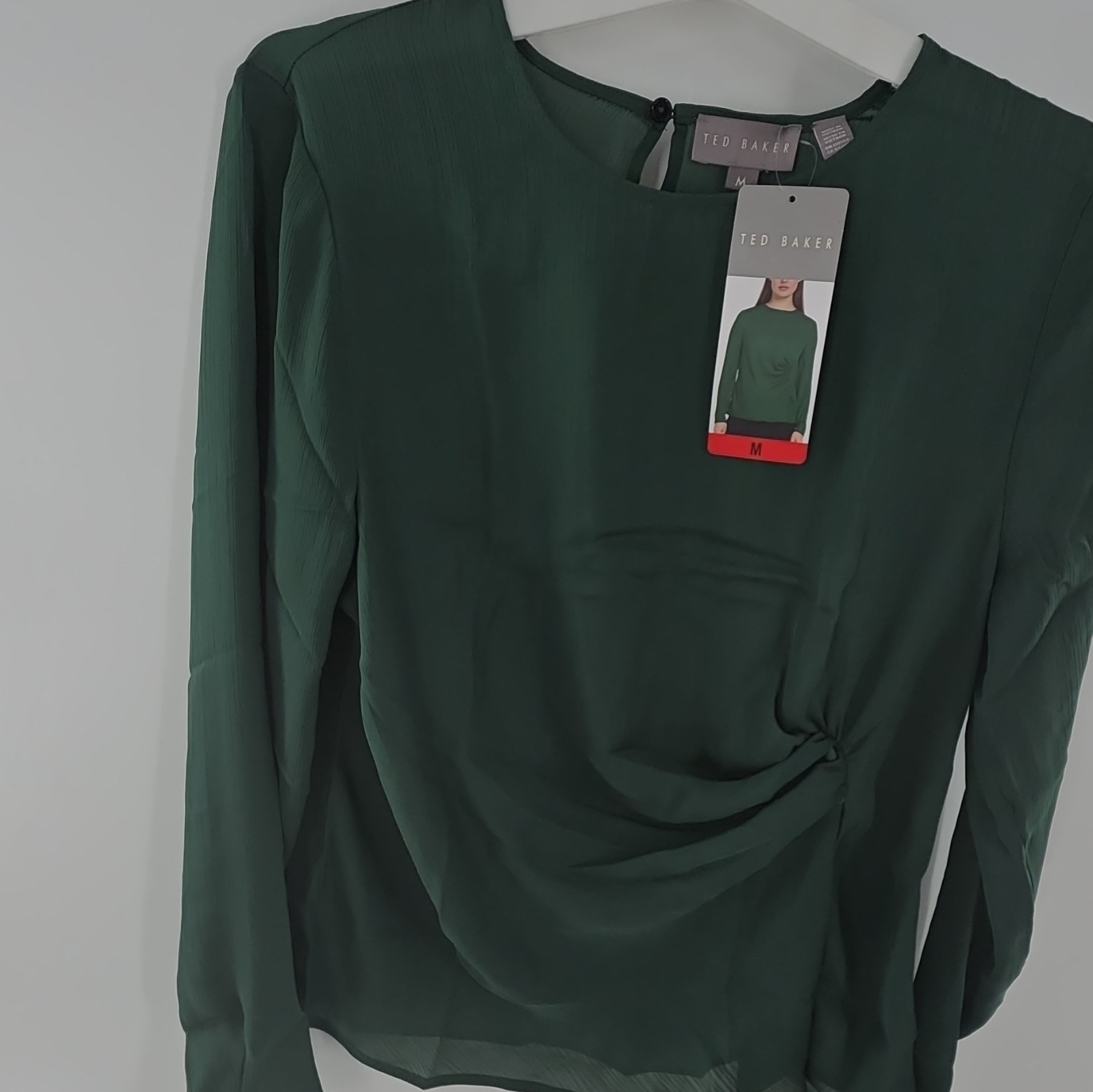 Ted Baker Women’s Green Ruched Crepe Blouse Long Sleeve Regular Fit Size M