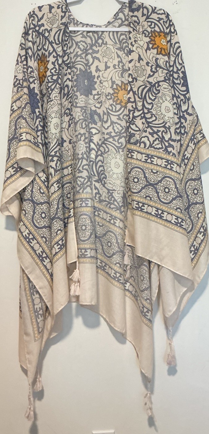 Duster/Kimono Women’s Boho Multi Blue/Cream Pattern W/Tassels Unbranded One Size