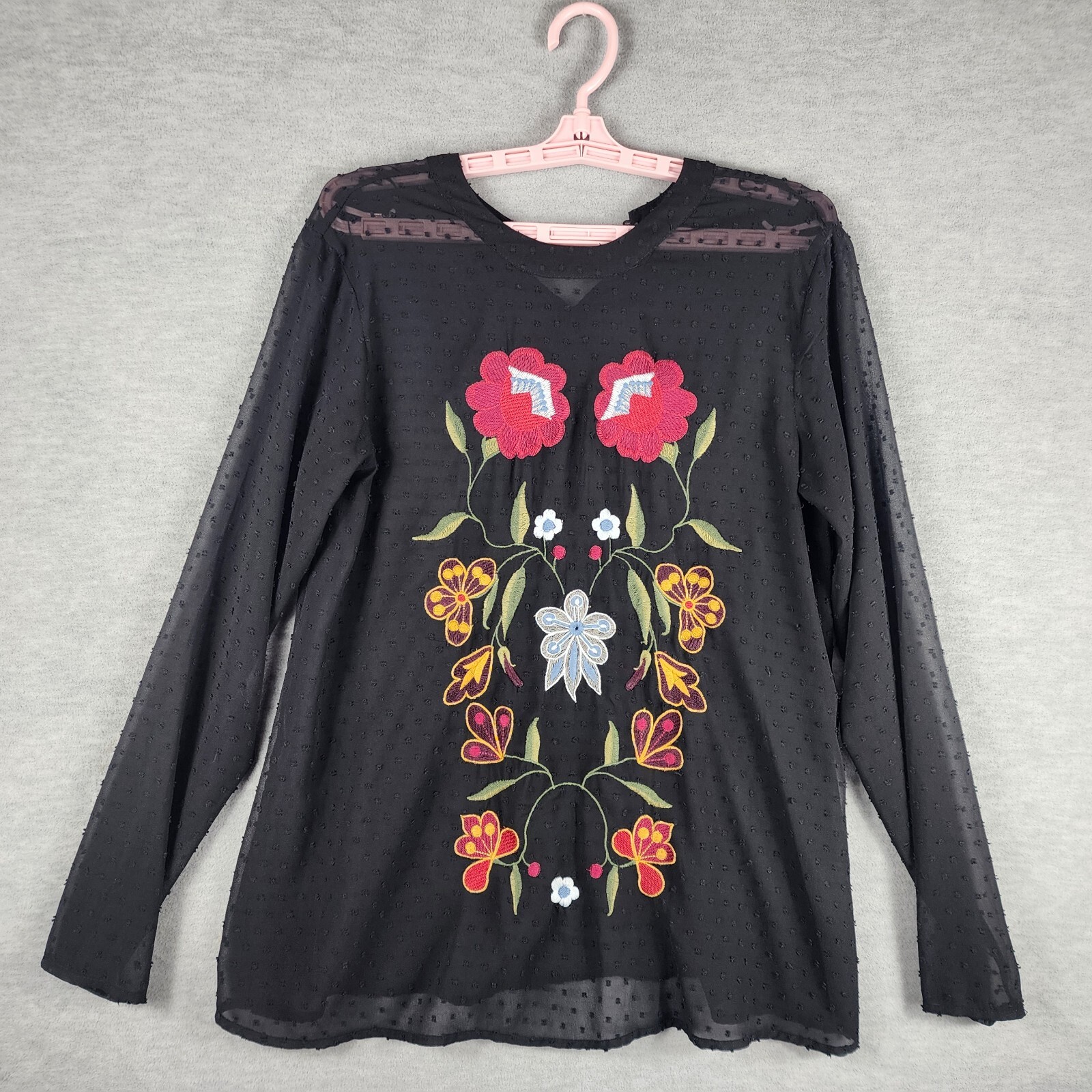 GRACE ELEMENTS Women Top M Black Sheer Embroidery Floral Back Button Keyhole