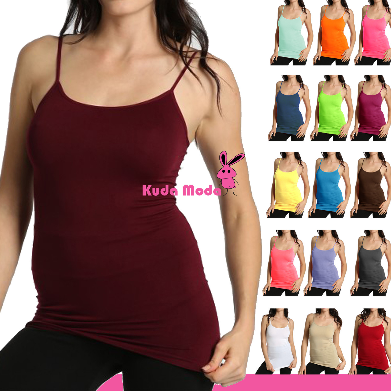 2 WAYS SCOOP & V NECK STRAP PLAIN LONG SPAGHETTI STRETCH TANK TOP CAMI SHIRT