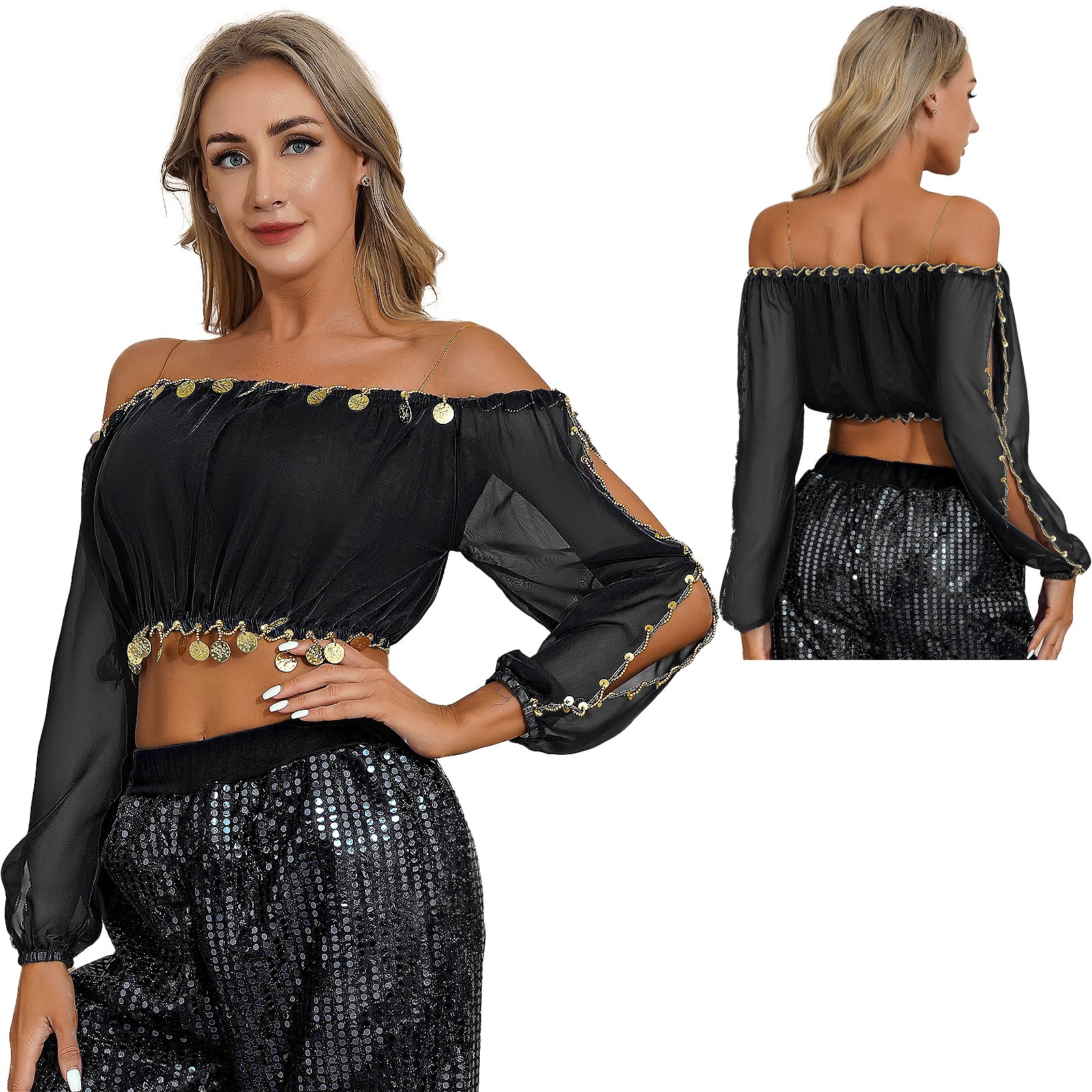 Womens Lantern Shirt Trim Cardigans Shiny Tops Theme Blouse Latin Party
