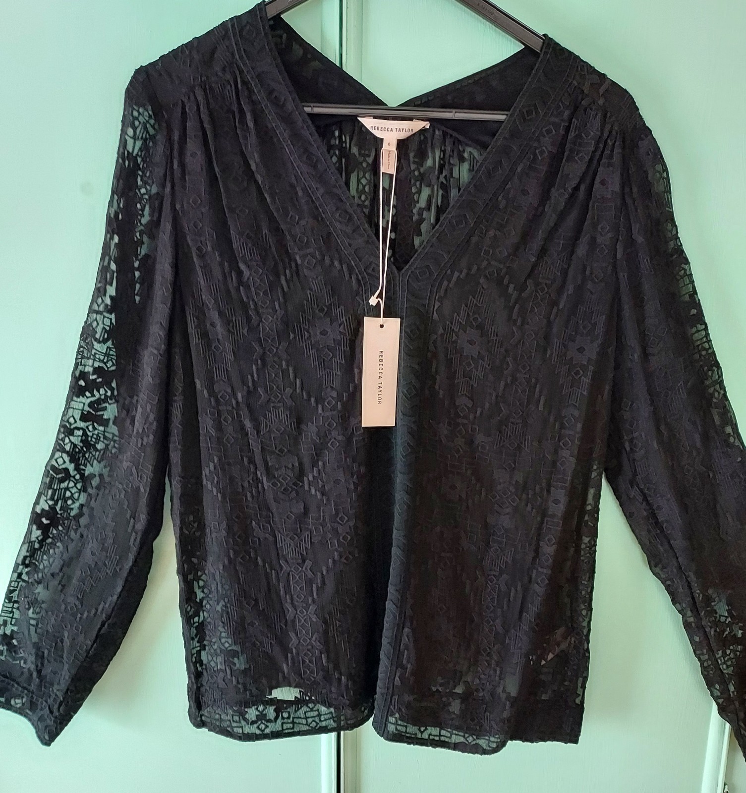 Rebecca Taylor Silk Black Embroidered Aztec Pullover Top Size 6 New!