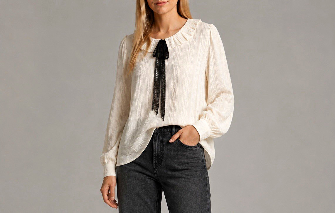 Miss Patina Ivory Textured Ruffle Collar Bow Button Puff Sleeve Blouse M/L