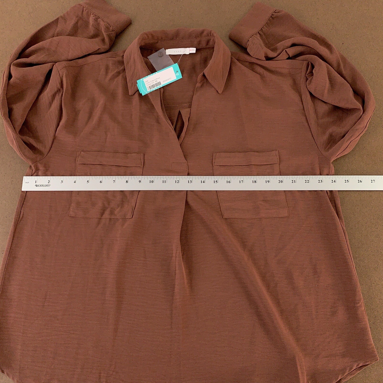 Lush Women’s Size XXL Brown Pullover 2 Pocket Evelyn Collared Blouse NWT