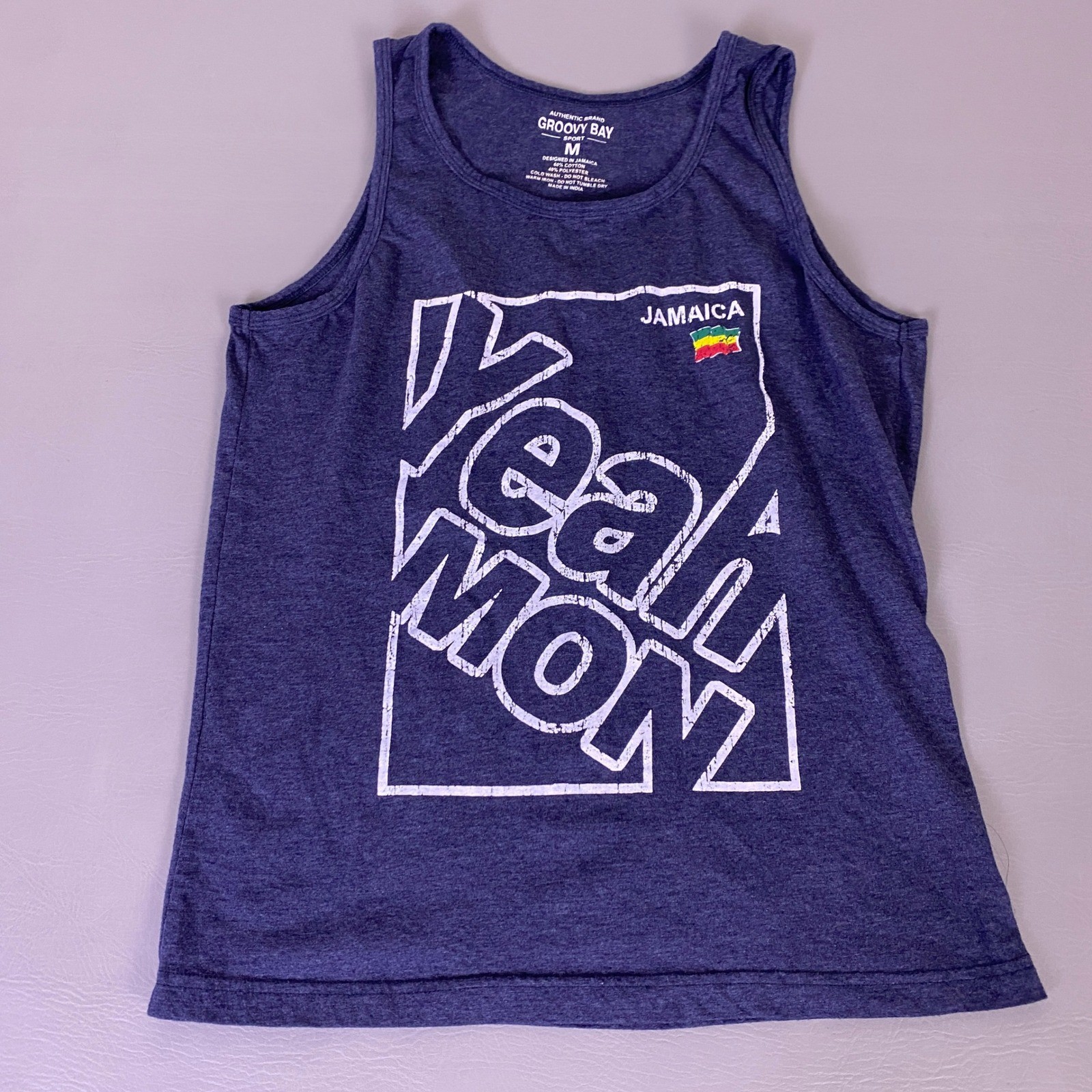 Jamaica Graphic Tank Top Groovy Bay Sport Women’s M Heather Navy Blue Yeah Mon