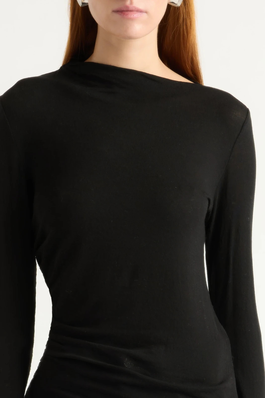 Modern Citizen Vittoria Asymmetric Neck Ruched Tee Black Long Sleeve Large