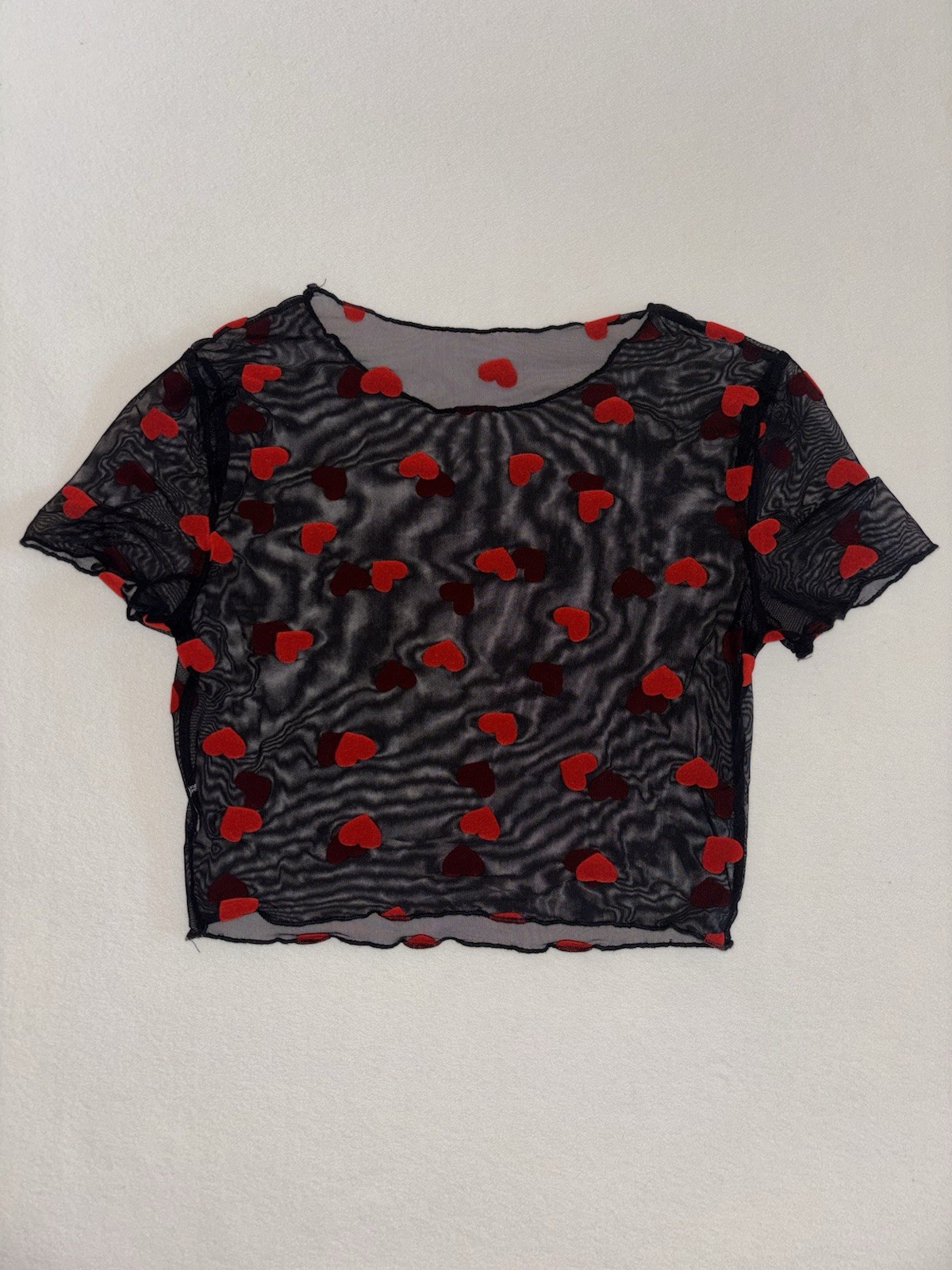 Black Sheer Mesh Heart Crop Top Red Velvet Flocked Hearts Short Sleeve Y2K XS S