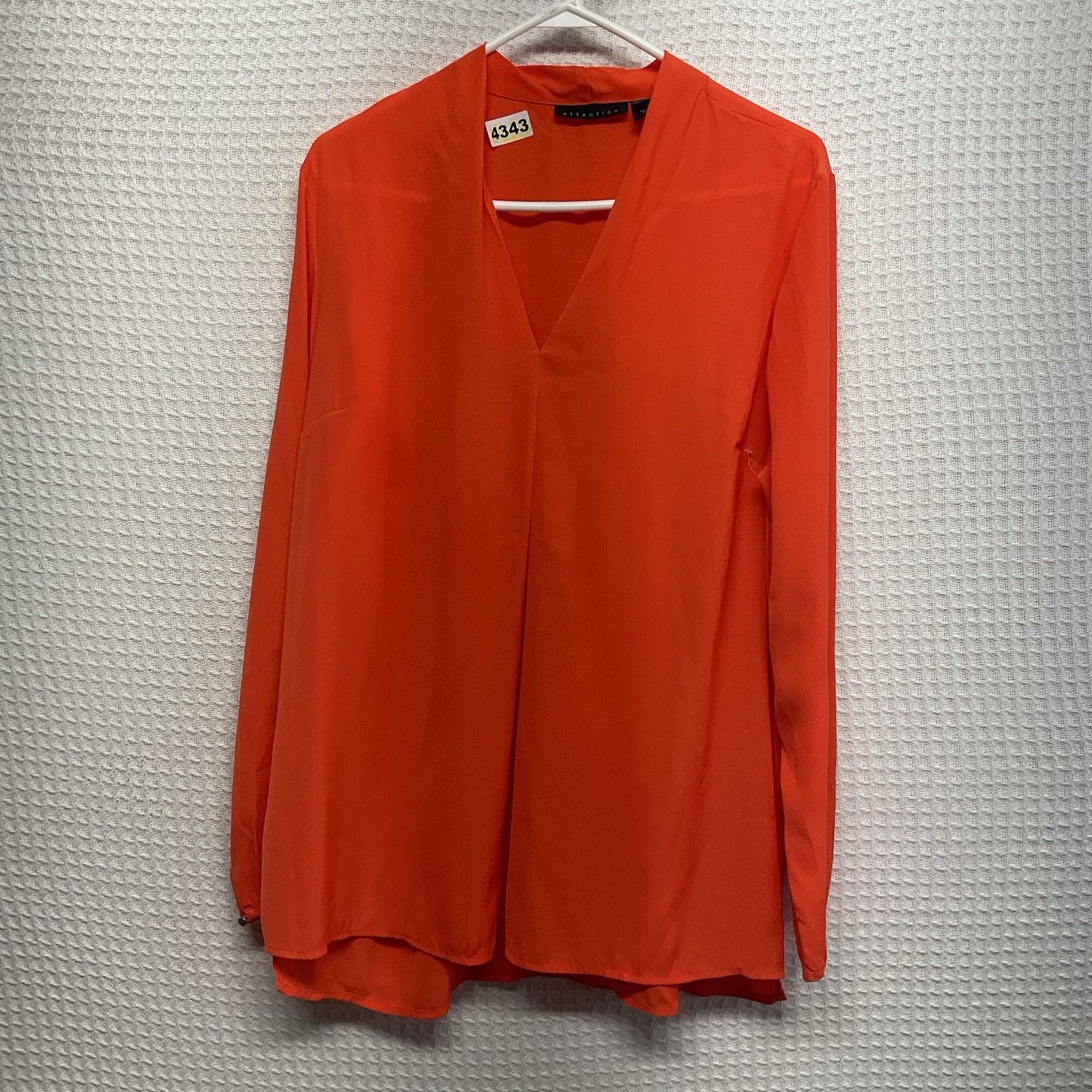 Attention Bright Orange Semi Sheer Chiffon V-Neck Pleated Front Blouse XL Long S
