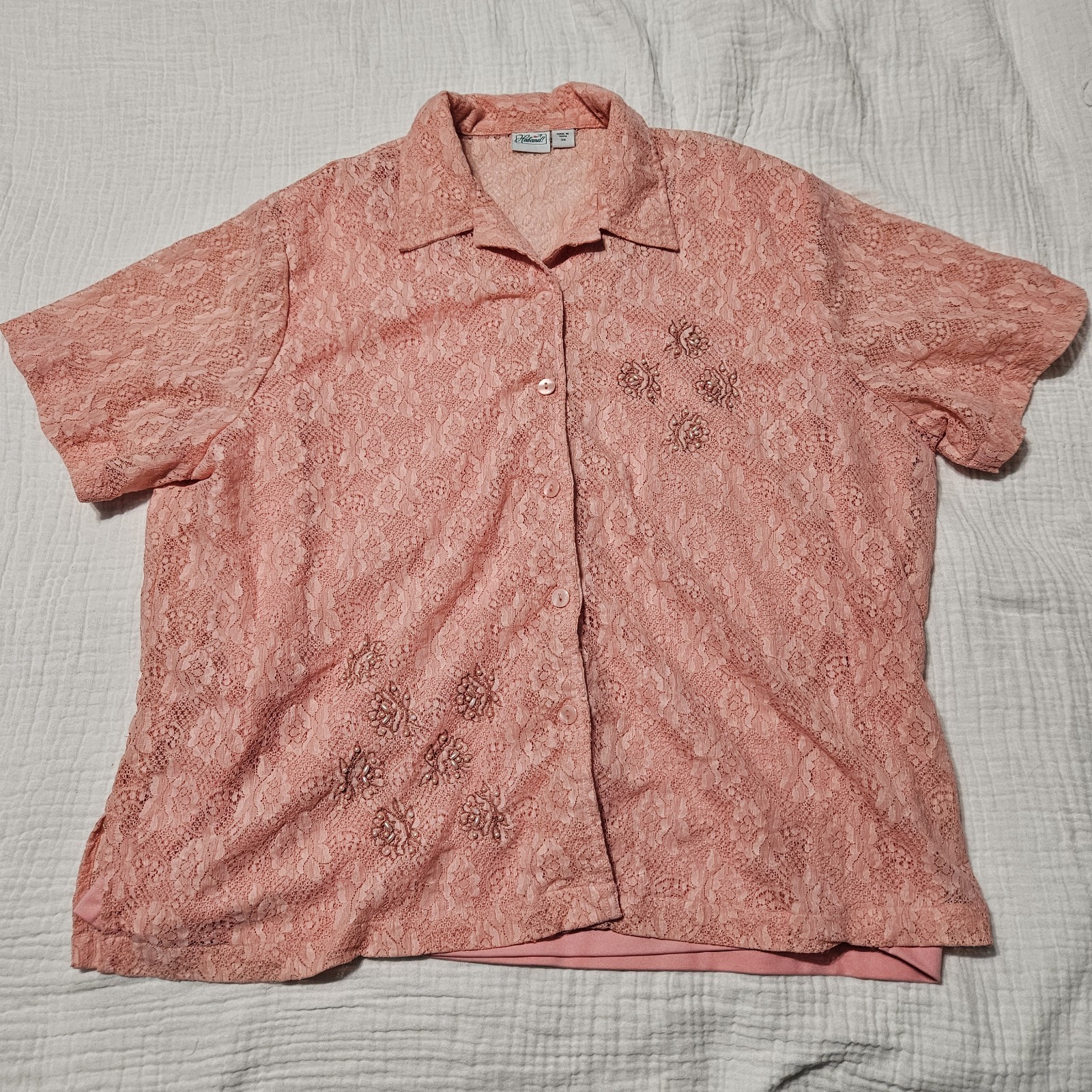 Haband Women’s Plus Size 3X Coral Pink Lace Button Front Blouse Beaded Floral