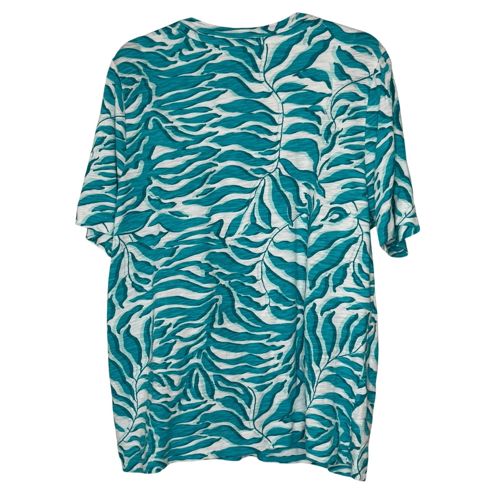 Chicos Teal White Tropical Leaf Scoop Neck T-Shirt Size 4 XXL Cotton Modal Beach