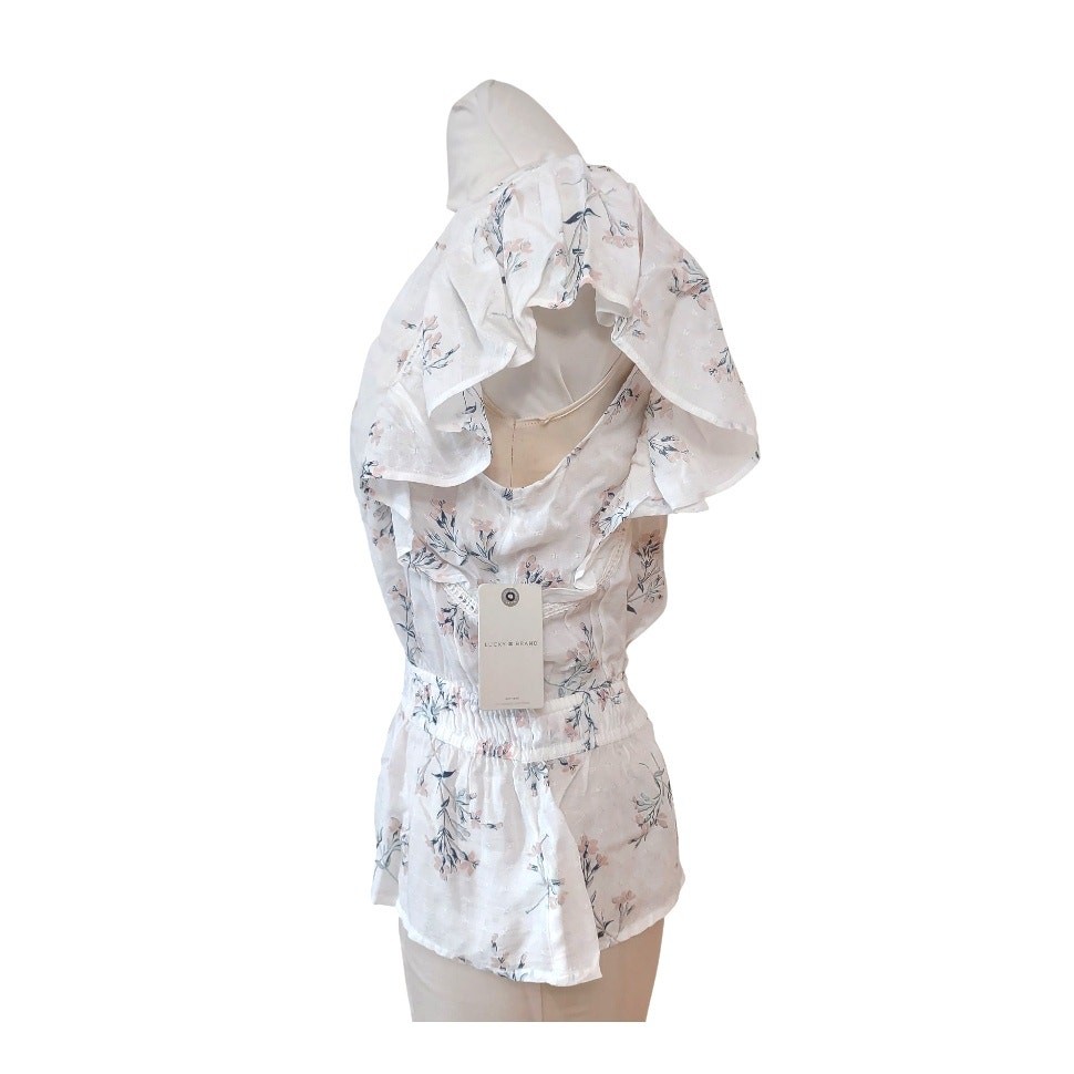 LUCKY BRAND White Floral Blouse Junior Size M Ruffles Lace Feminine Delicate NWT