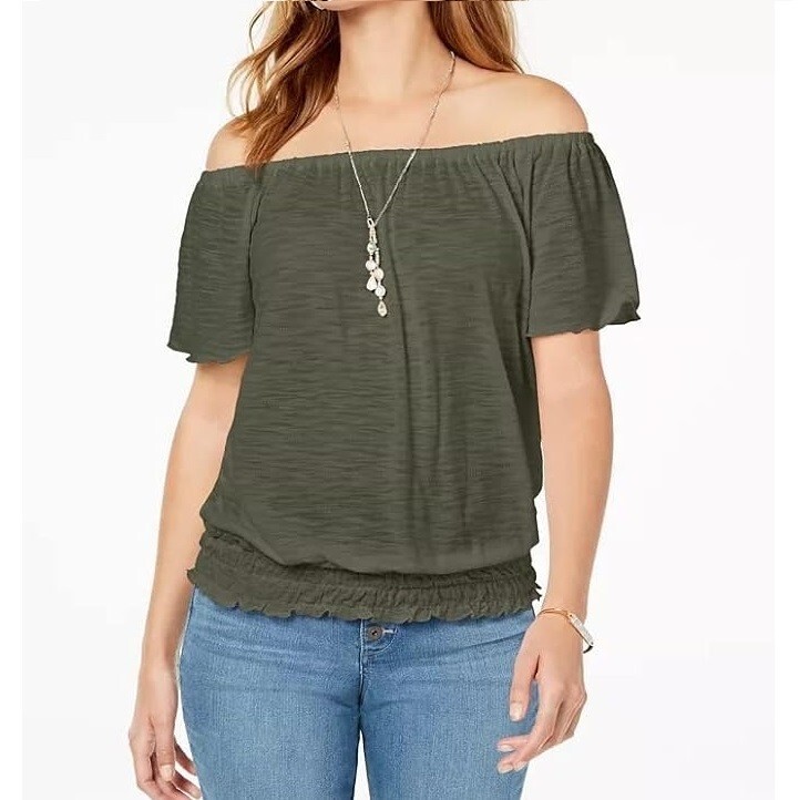 Style & Co Womens XL Olive Spring Green Off The Shoulder Blouse Top NWT CD66