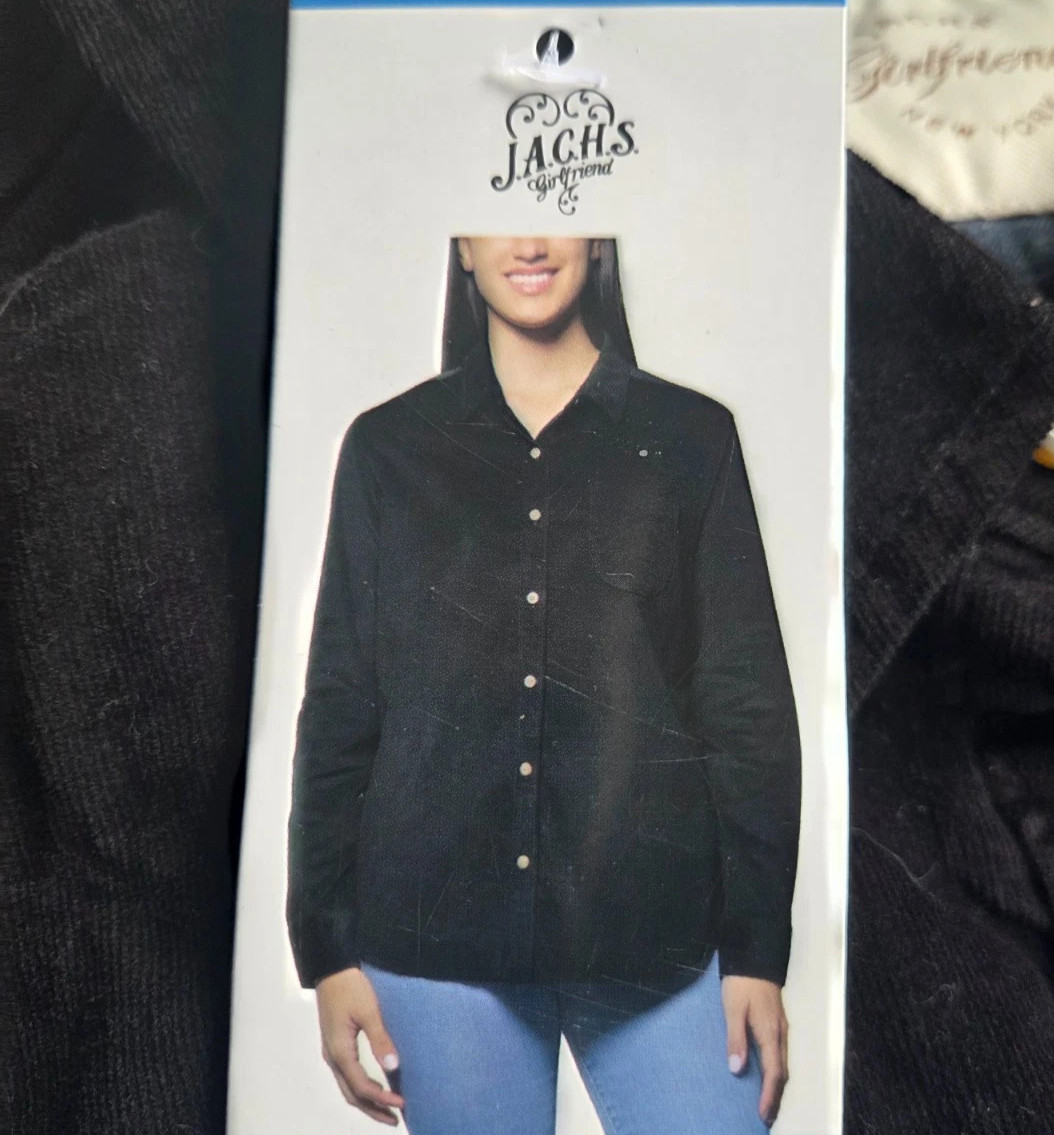 Jachs Girlfriend Women’s Mini Corduroy Button Up Long Sleeve Shirt, Black, L