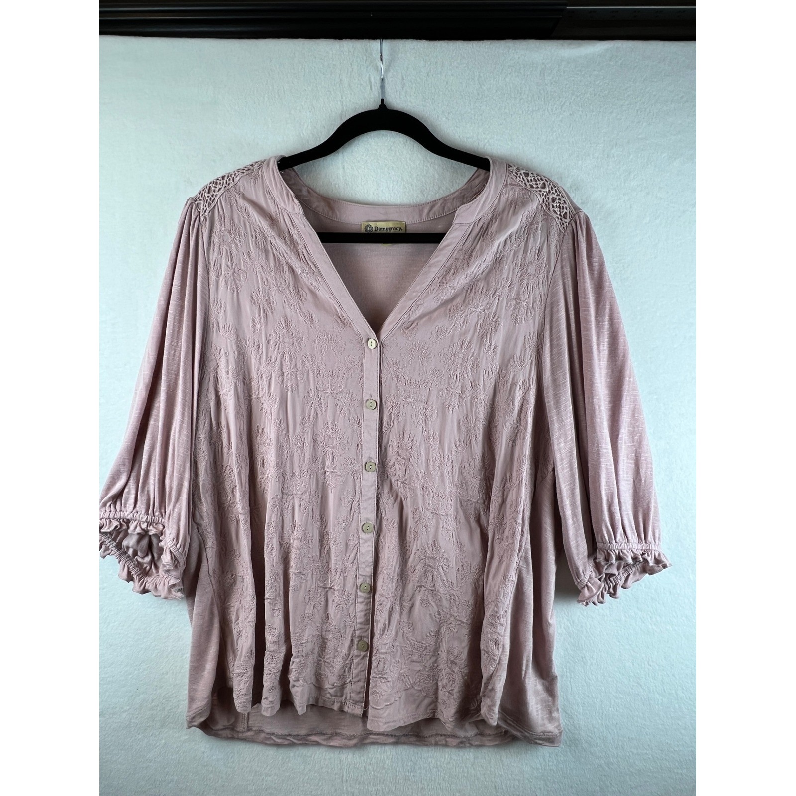 Democracy Mauve Pink Embroidered Button Front Blouse 2X Boho Lace Puff Sleeve